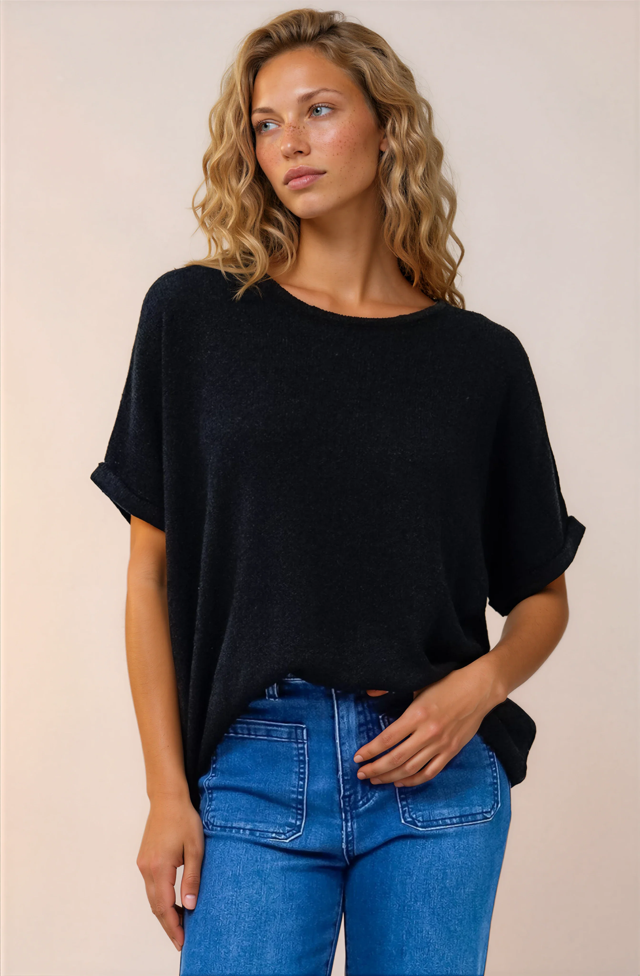 Andre Top - Crew Neck Slouchy Knit Top with Cuffed Short Sleeves in Black - Image 6
