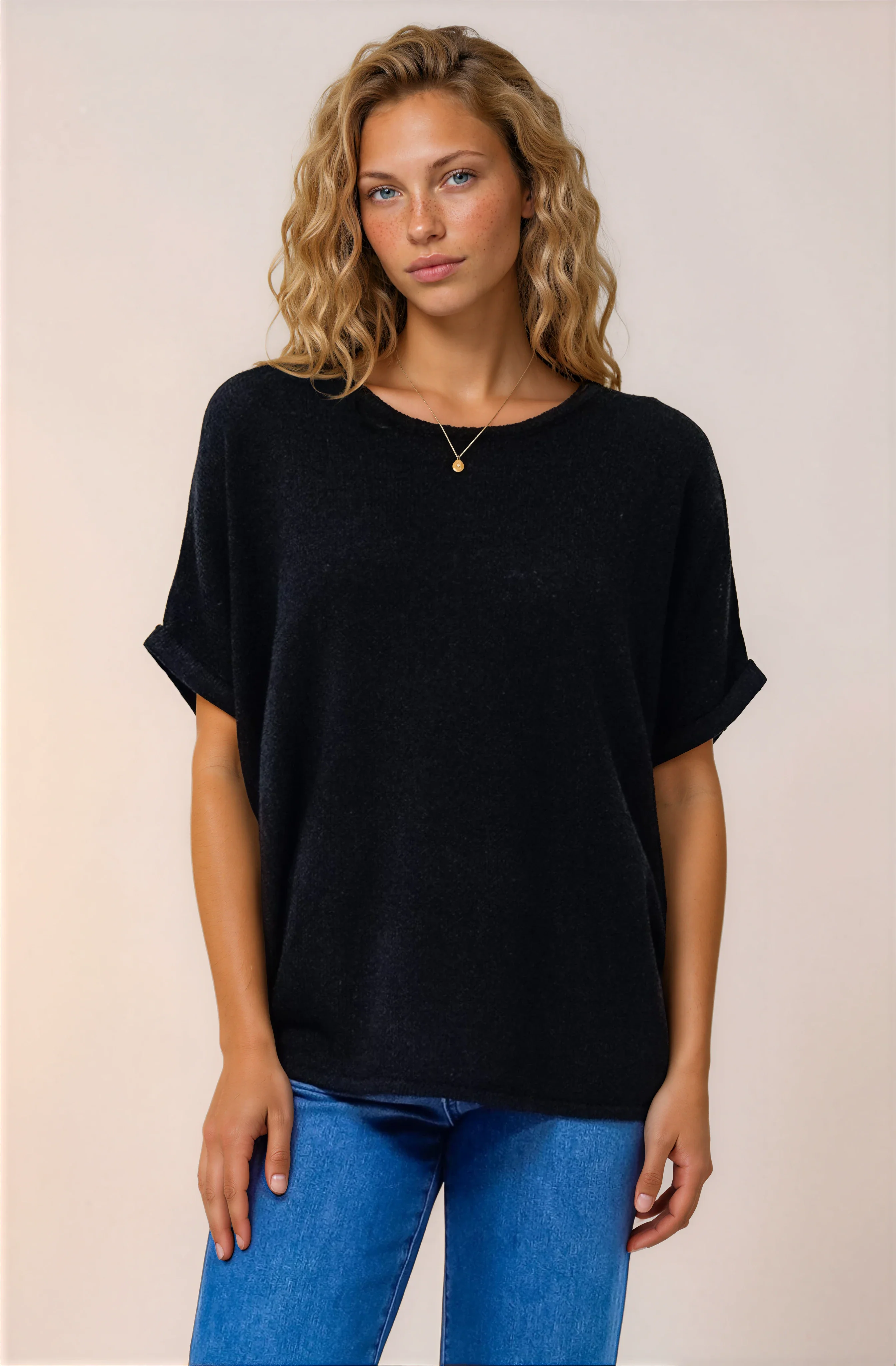 Andre Top - Crew Neck Slouchy Knit Top with Cuffed Short Sleeves in Black - Image 7