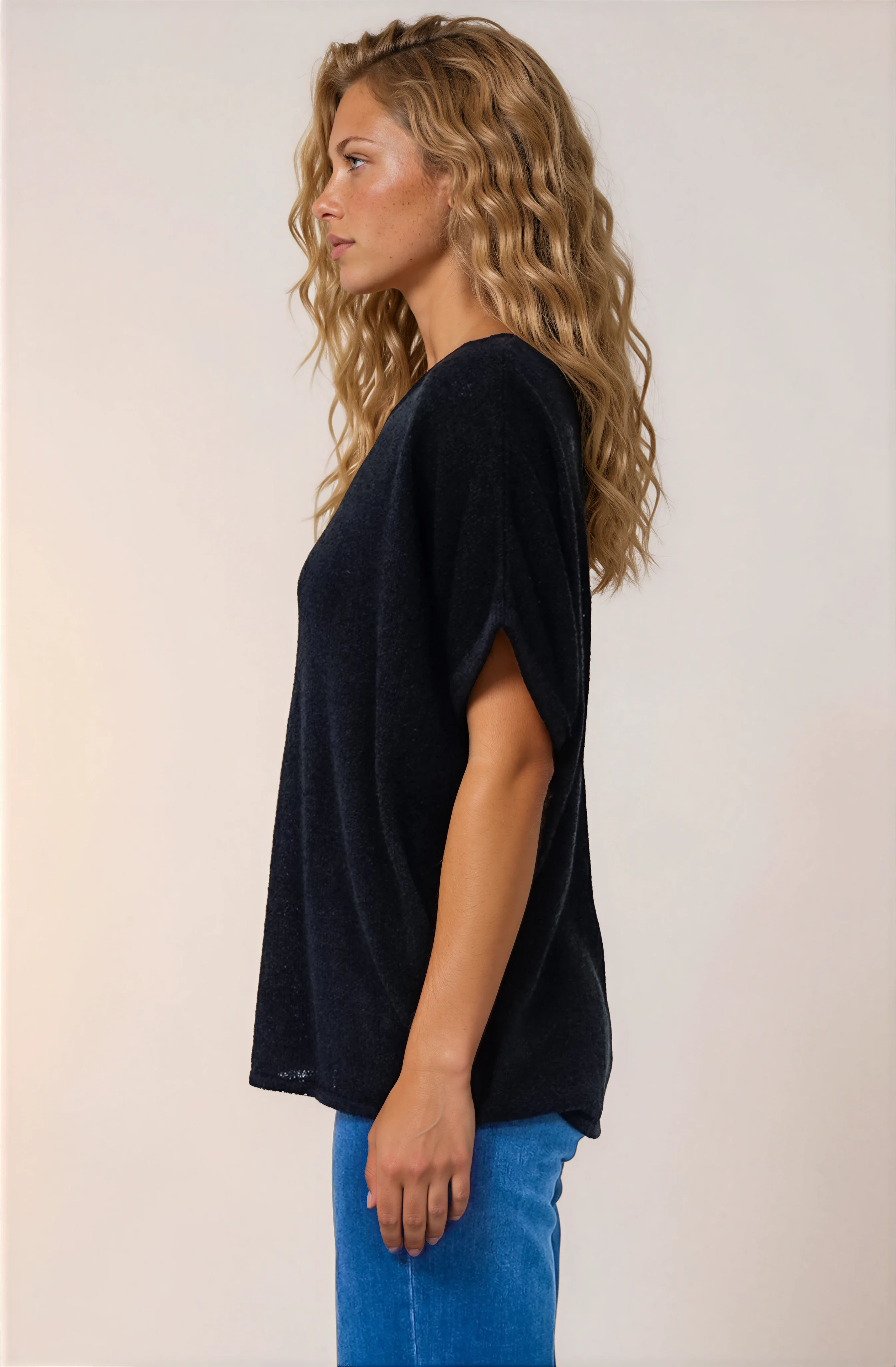 Andre Top - Crew Neck Slouchy Knit Top with Cuffed Short Sleeves in Black - Image 8