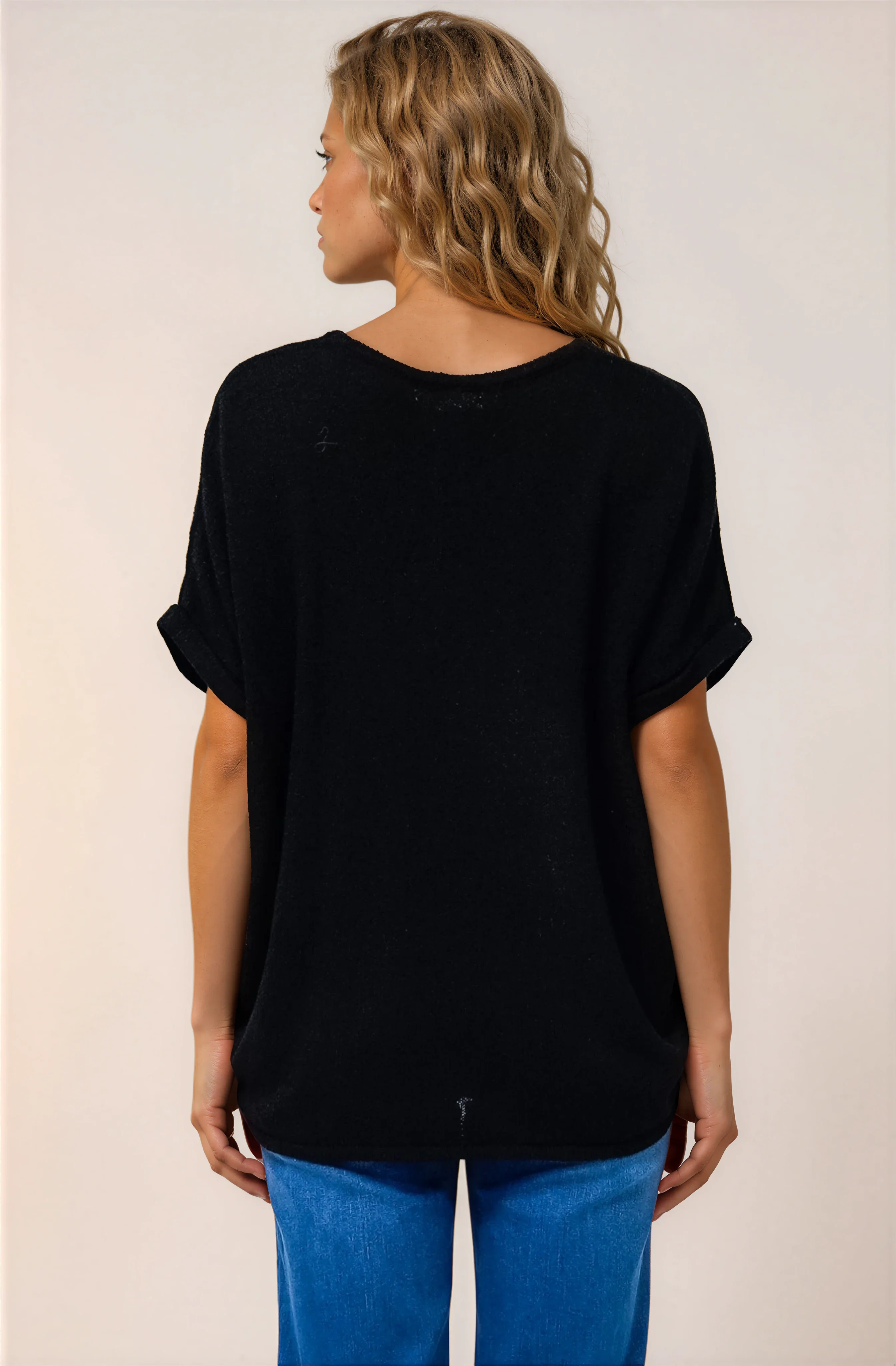 Andre Top - Crew Neck Slouchy Knit Top with Cuffed Short Sleeves in Black - Image 9