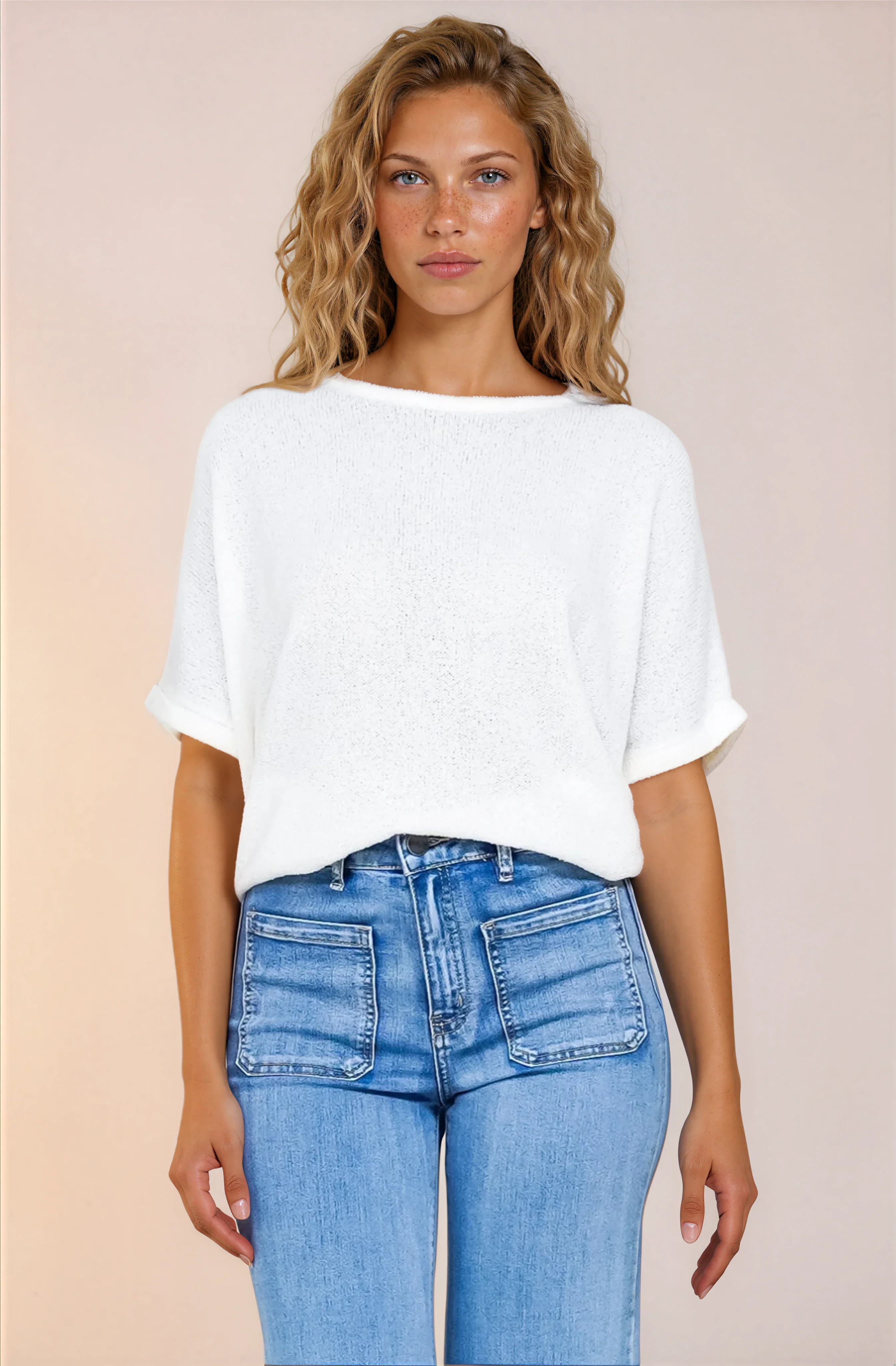 Andre Top - Crew Neck Slouchy Knit Top with Cuffed Short Sleeves in White - Image 3
