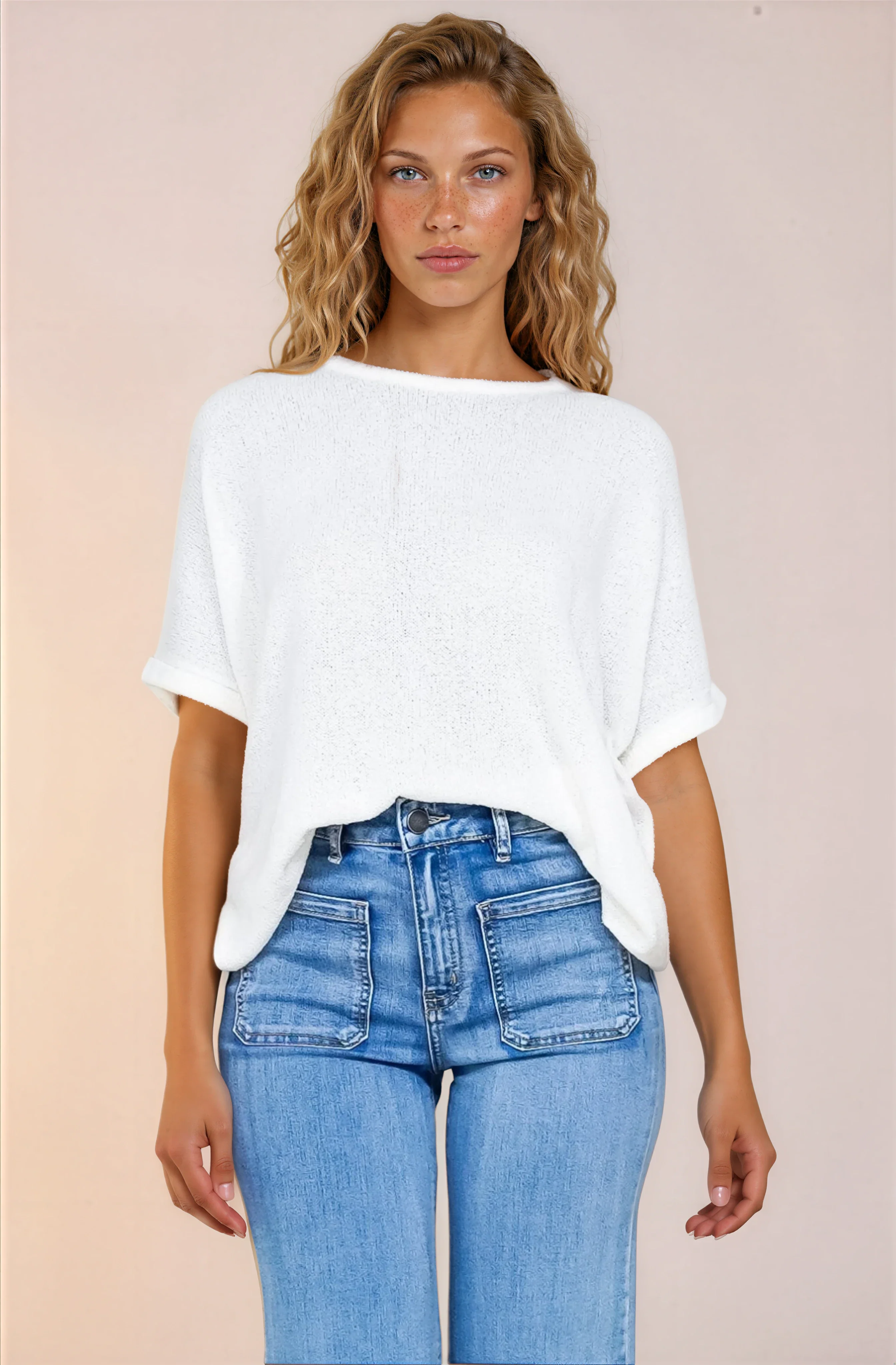 Andre Top - Crew Neck Slouchy Knit Top with Cuffed Short Sleeves in White - Image 4