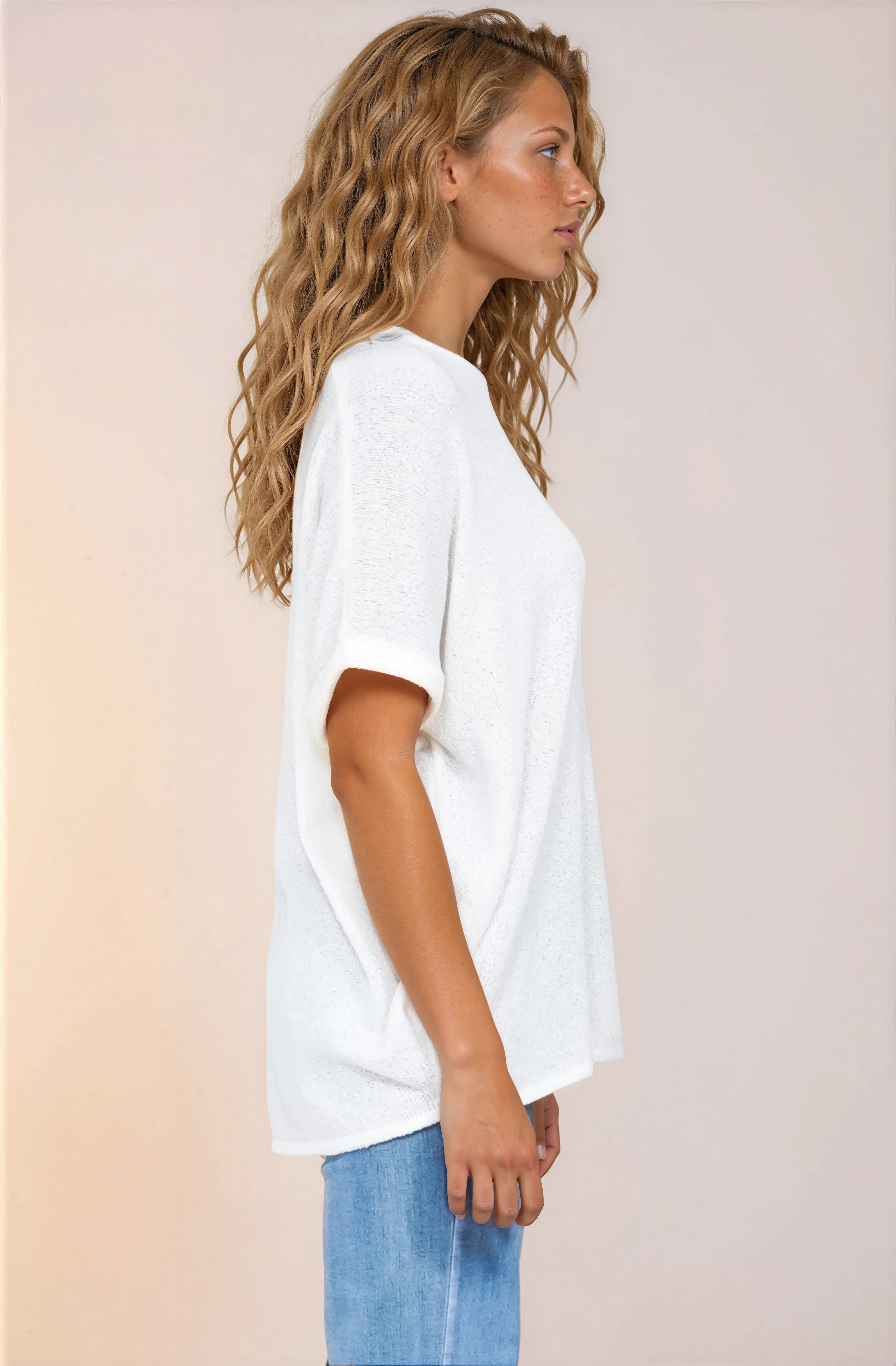 Andre Top - Crew Neck Slouchy Knit Top with Cuffed Short Sleeves in White - Image 5