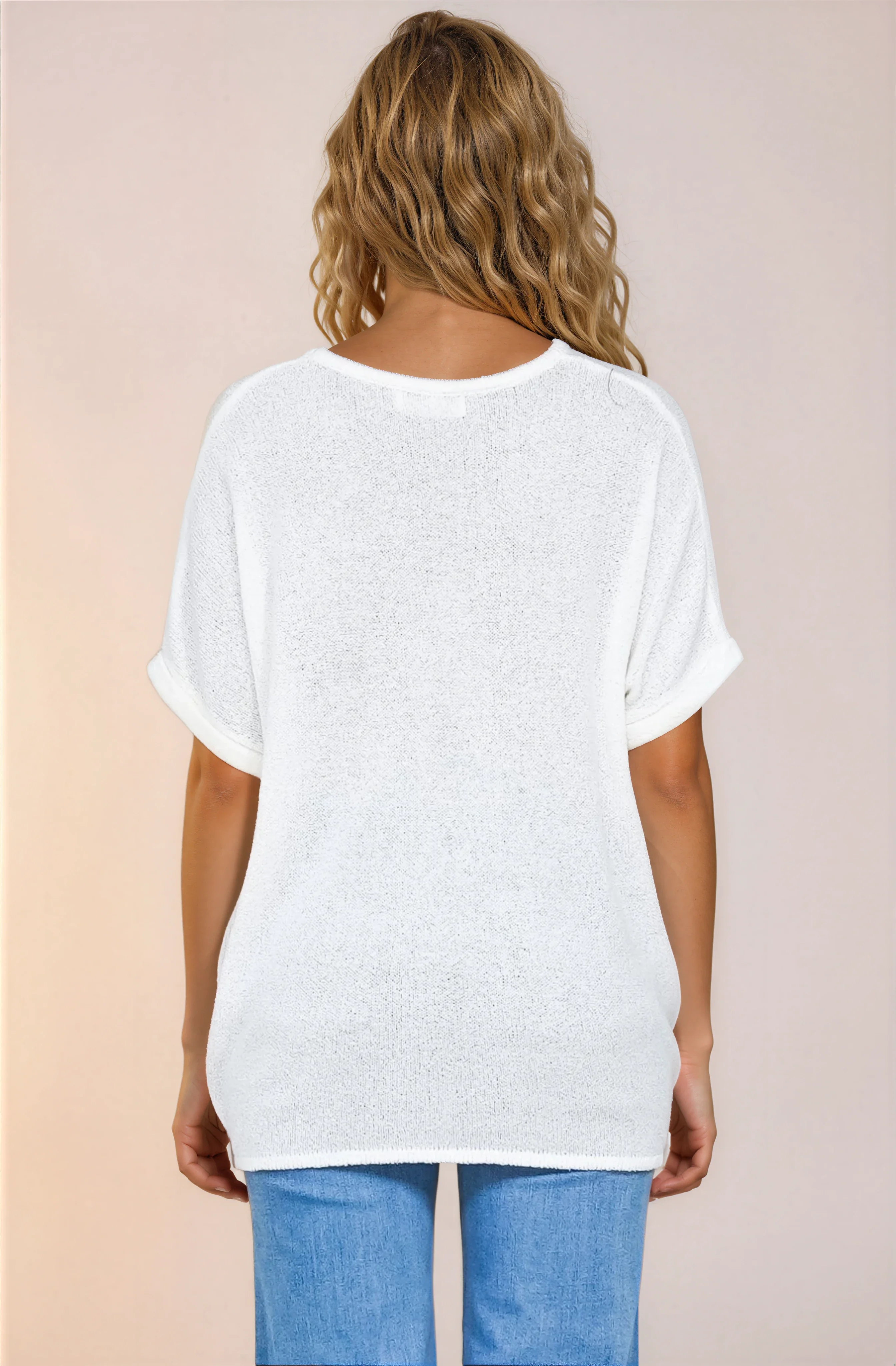 Andre Top - Crew Neck Slouchy Knit Top with Cuffed Short Sleeves in White - Image 6