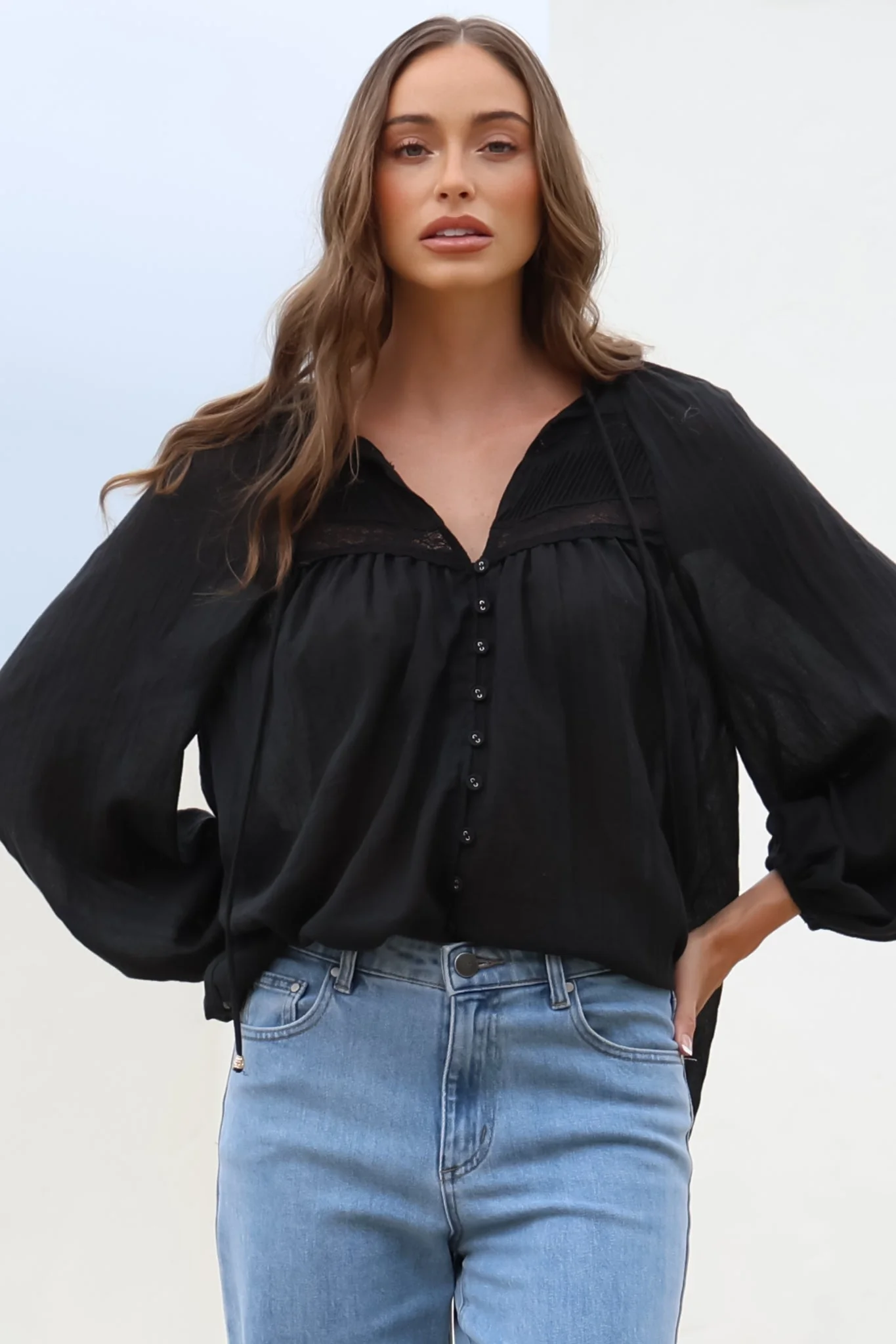 Angeline Top - Buttoned Down Scoop Hem Balloon Sleeve Blouse in Black - Image 2