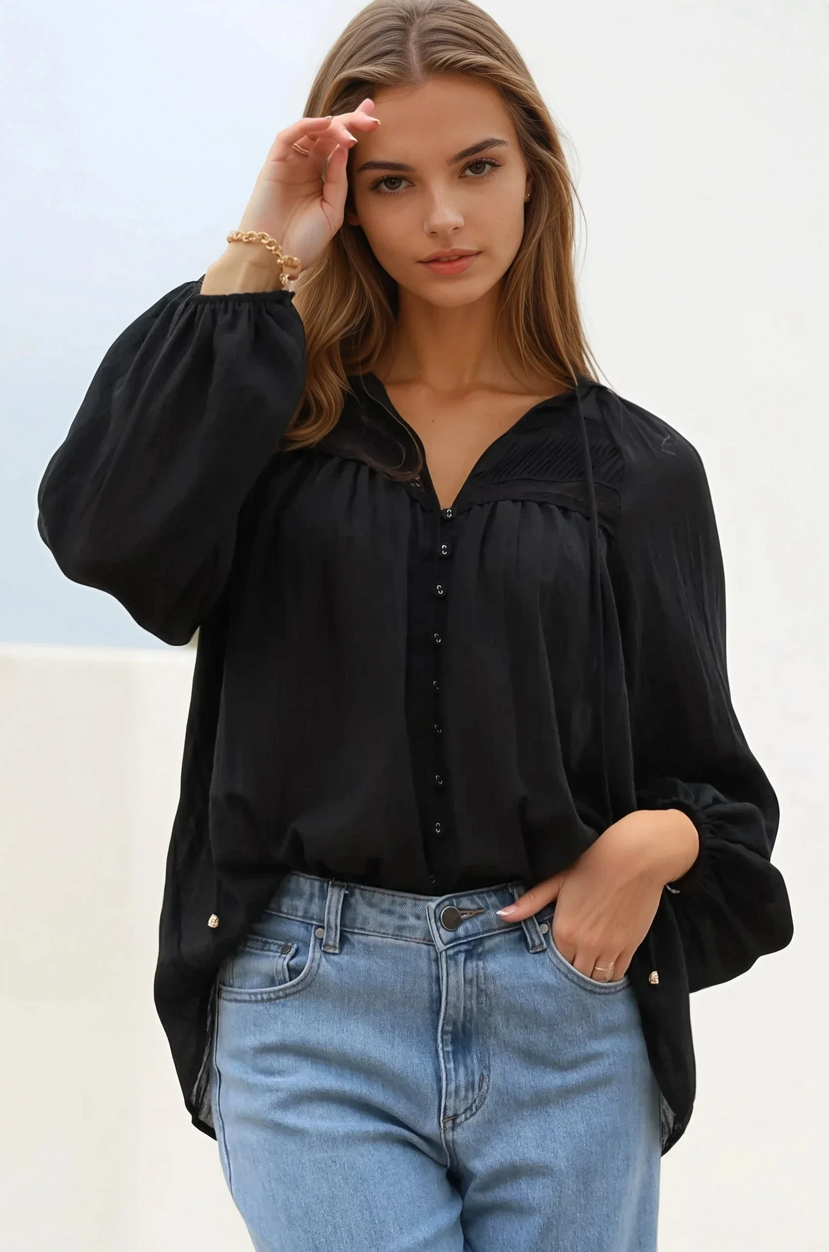 Angeline Top - Buttoned Down Scoop Hem Balloon Sleeve Blouse in Black - Image 3