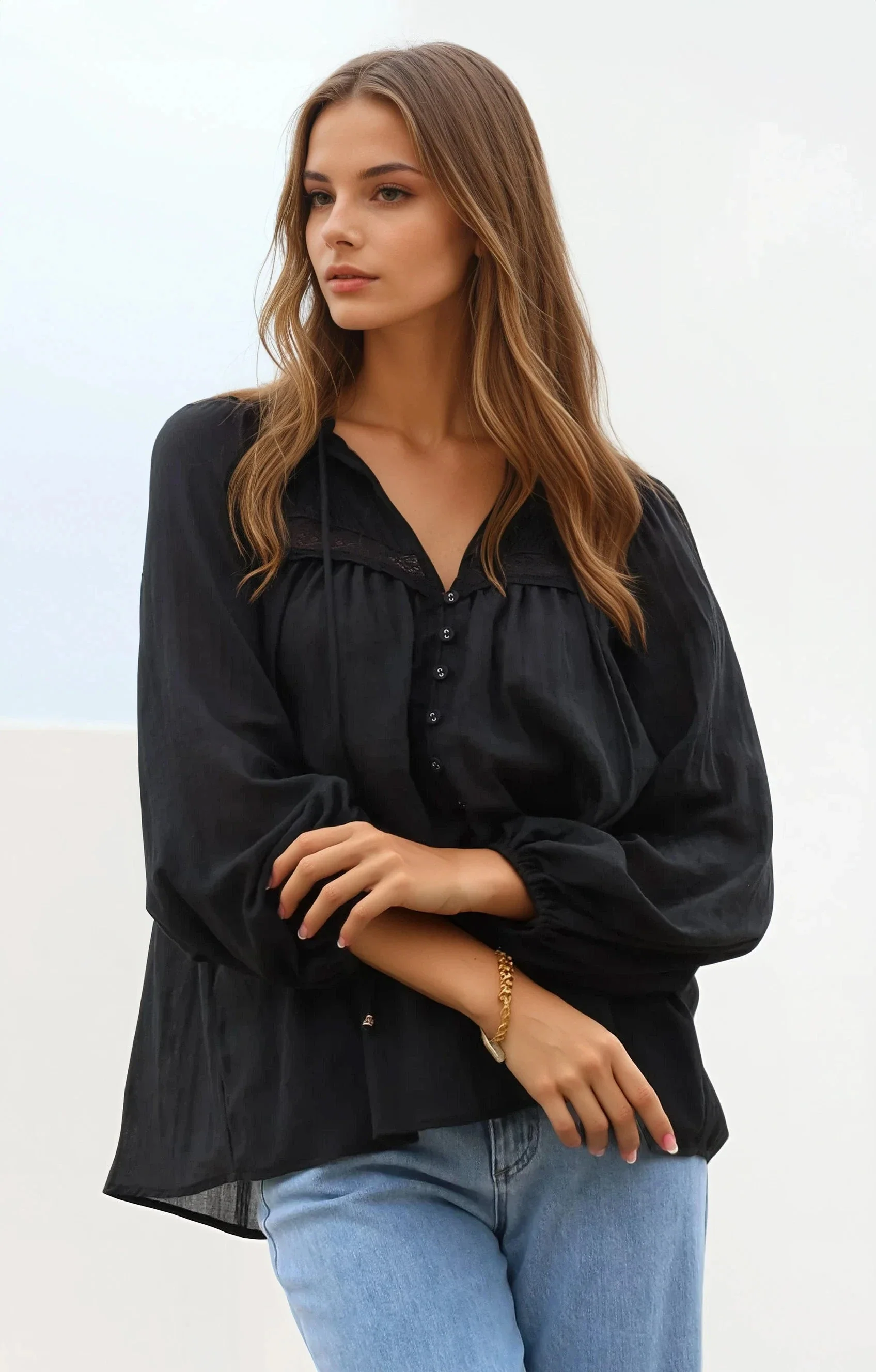 Angeline Top - Buttoned Down Scoop Hem Balloon Sleeve Blouse in Black - Image 4