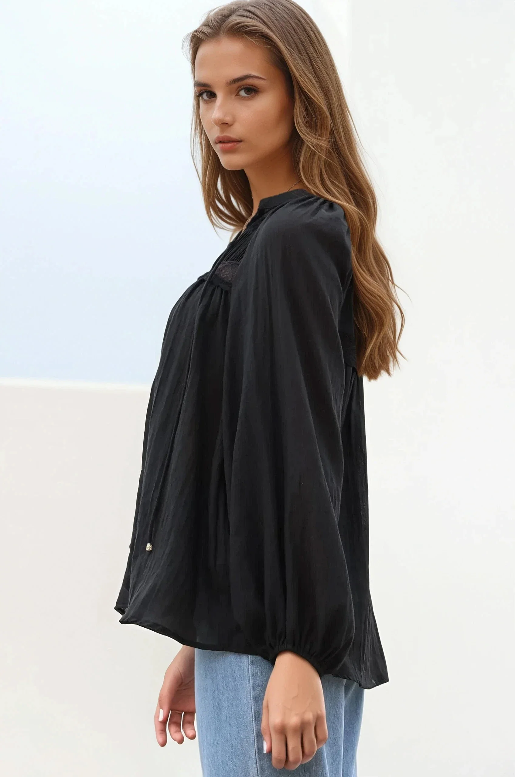 Angeline Top - Buttoned Down Scoop Hem Balloon Sleeve Blouse in Black - Image 5