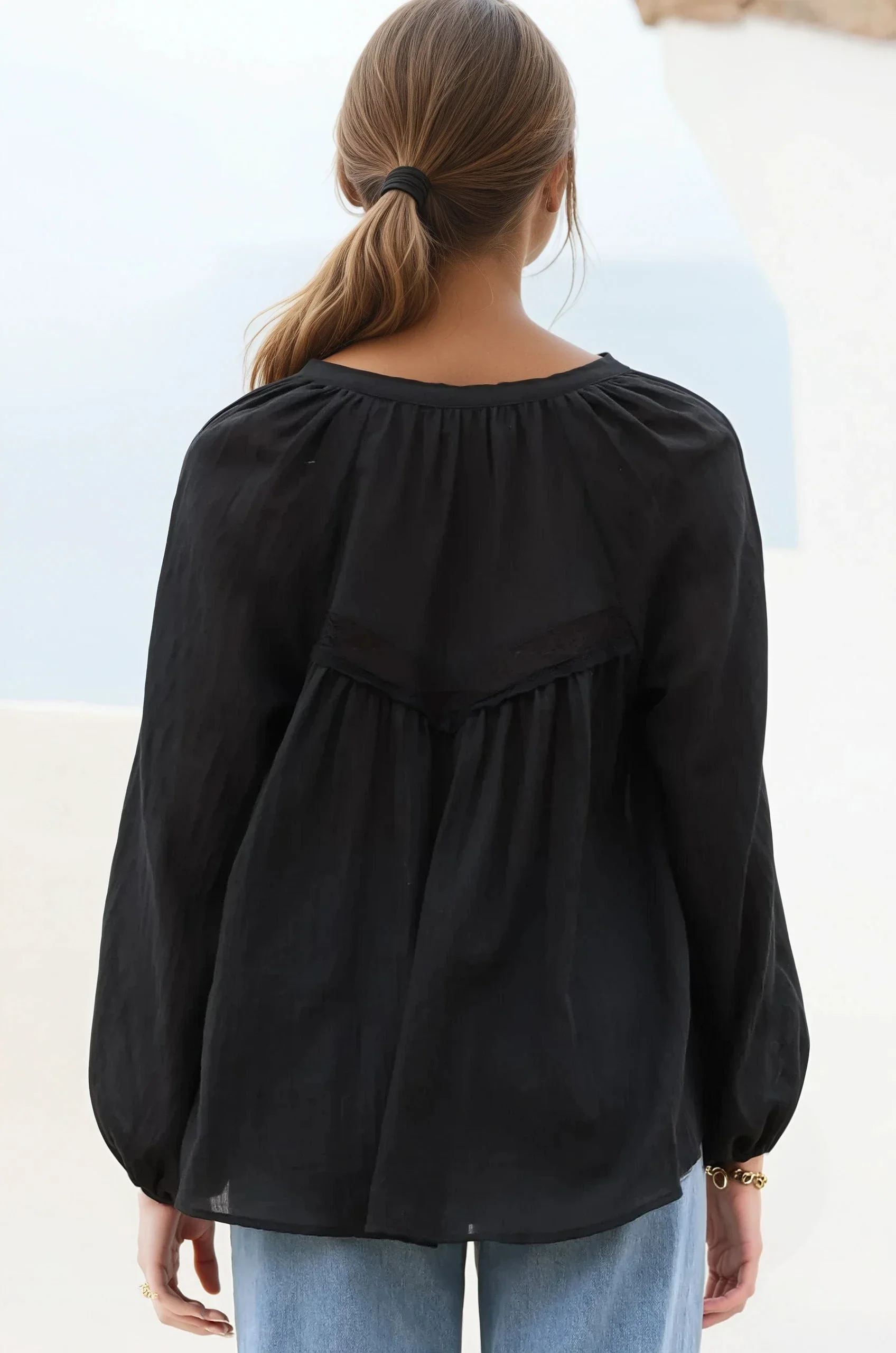 Angeline Top - Buttoned Down Scoop Hem Balloon Sleeve Blouse in Black - Image 7