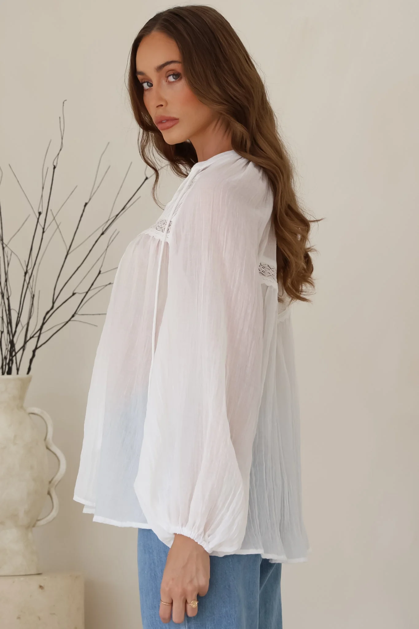 Angeline Top - Buttoned Down Scoop Hem Balloon Sleeve Blouse in White - Image 8