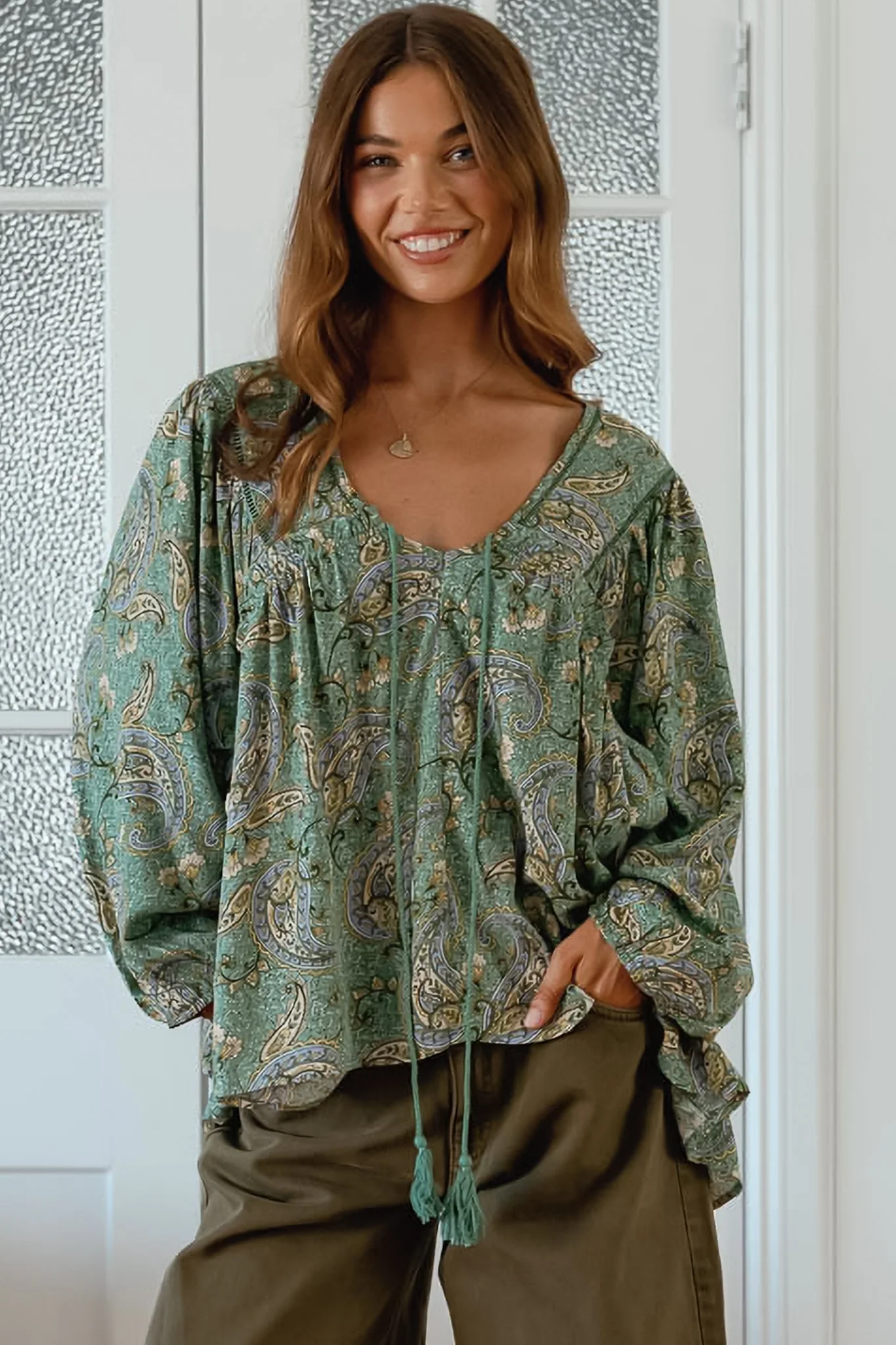 JAASE - Anna Top: Crochet Detailed Pull Over with Long Balloon Sleeves in Sagewood Print - Image 2