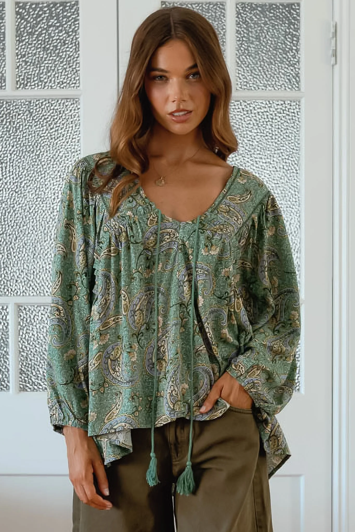 JAASE - Anna Top: Crochet Detailed Pull Over with Long Balloon Sleeves in Sagewood Print - Image 3