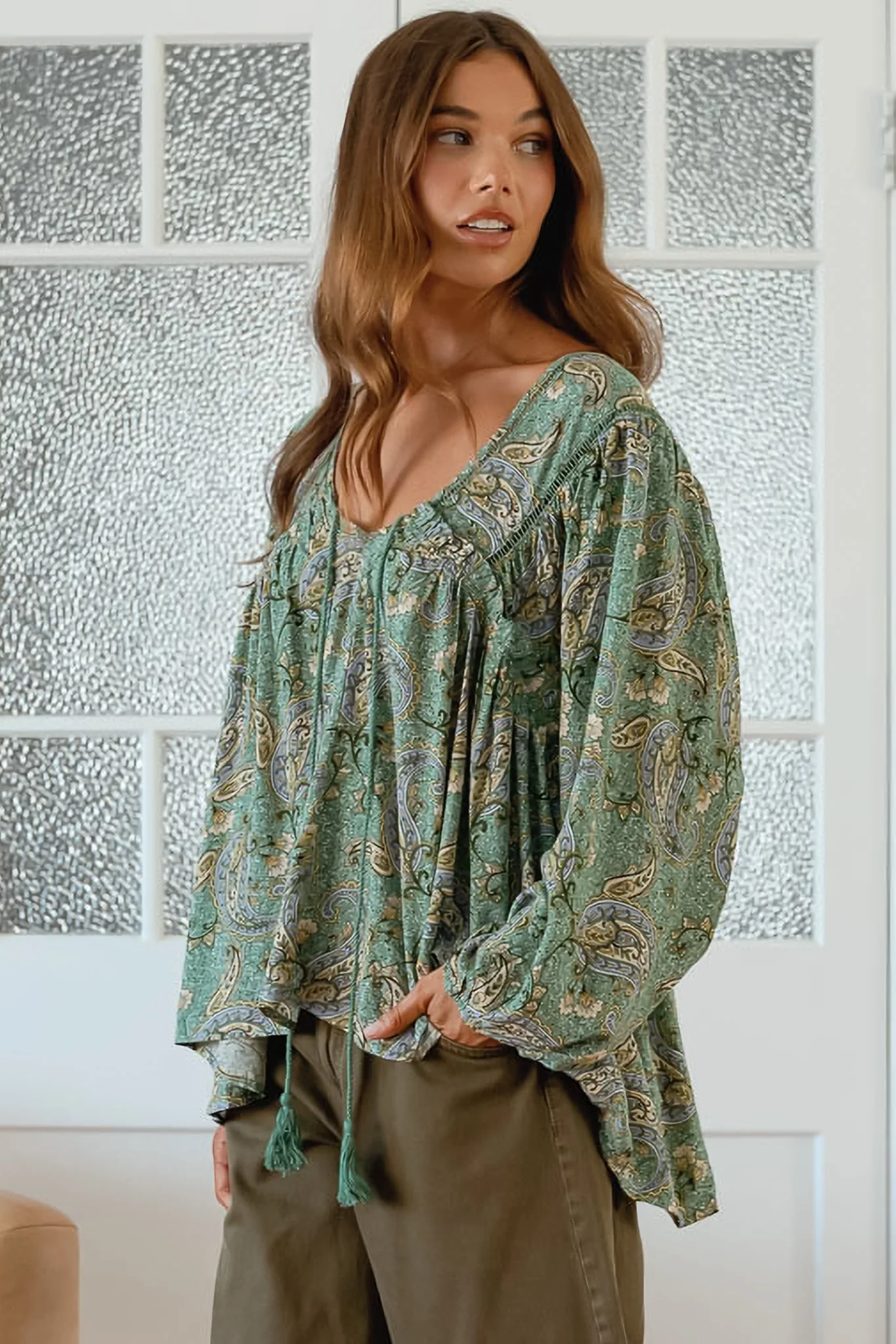 JAASE - Anna Top: Crochet Detailed Pull Over with Long Balloon Sleeves in Sagewood Print - Image 4