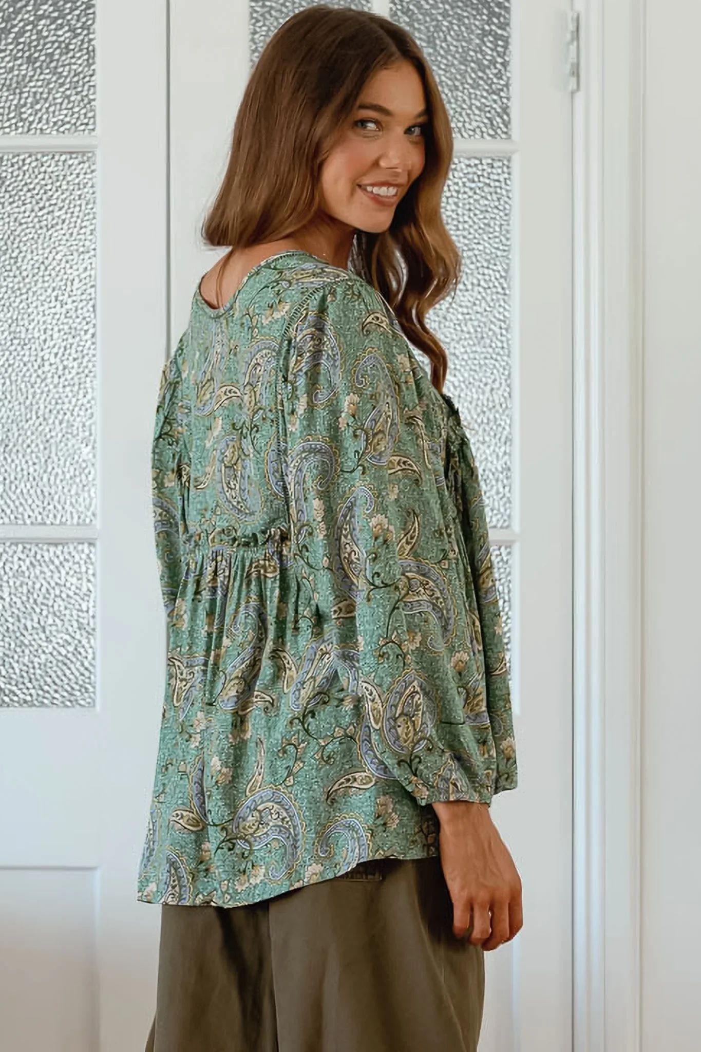 JAASE - Anna Top: Crochet Detailed Pull Over with Long Balloon Sleeves in Sagewood Print - Image 5