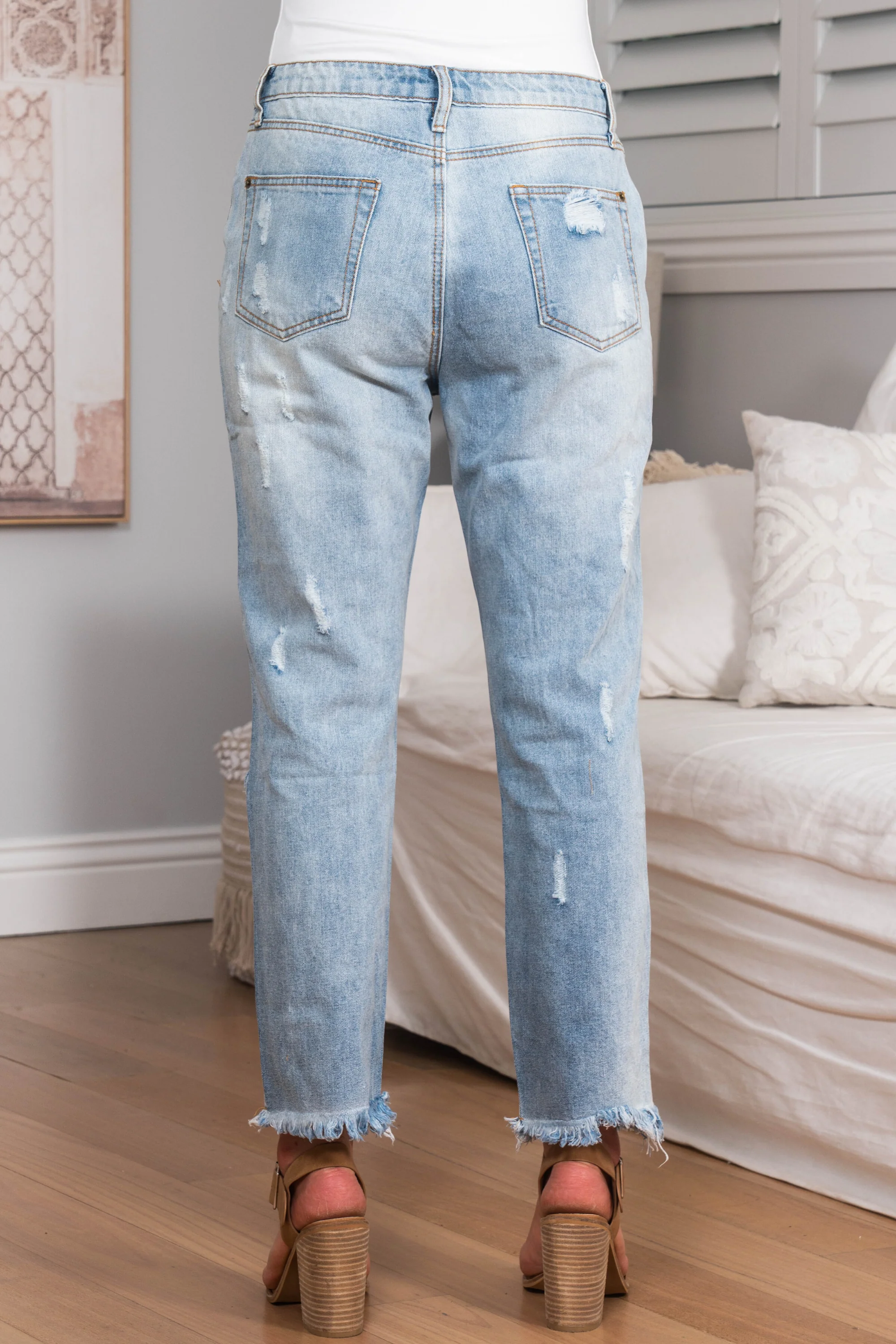Annie Boyfriend Jeans - Distressed Mid Rise Boyfriend Jeans in Light Denim - Image 5