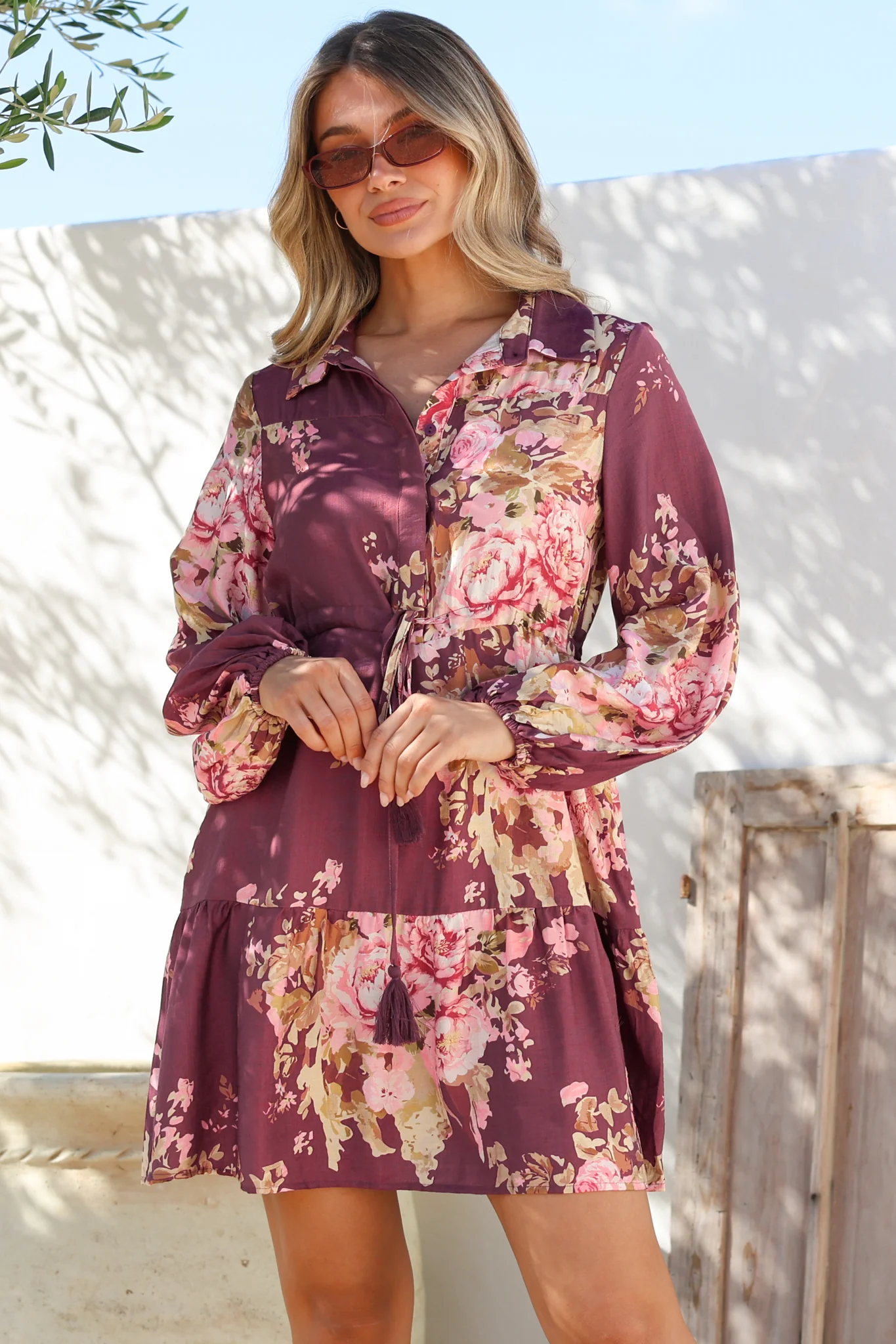 Anora Mini Dress - Collared Long Sleeve Dress with Pull Tie Waist in Vela Print Burgundy - Image 3