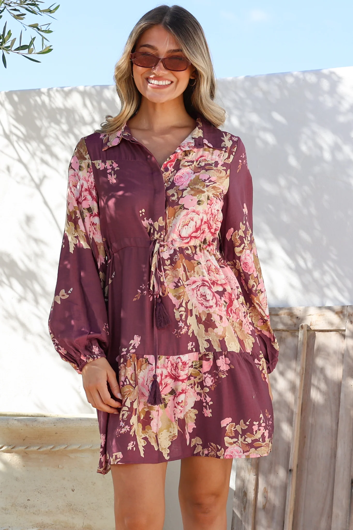 Anora Mini Dress - Collared Long Sleeve Dress with Pull Tie Waist in Vela Print Burgundy - Image 5