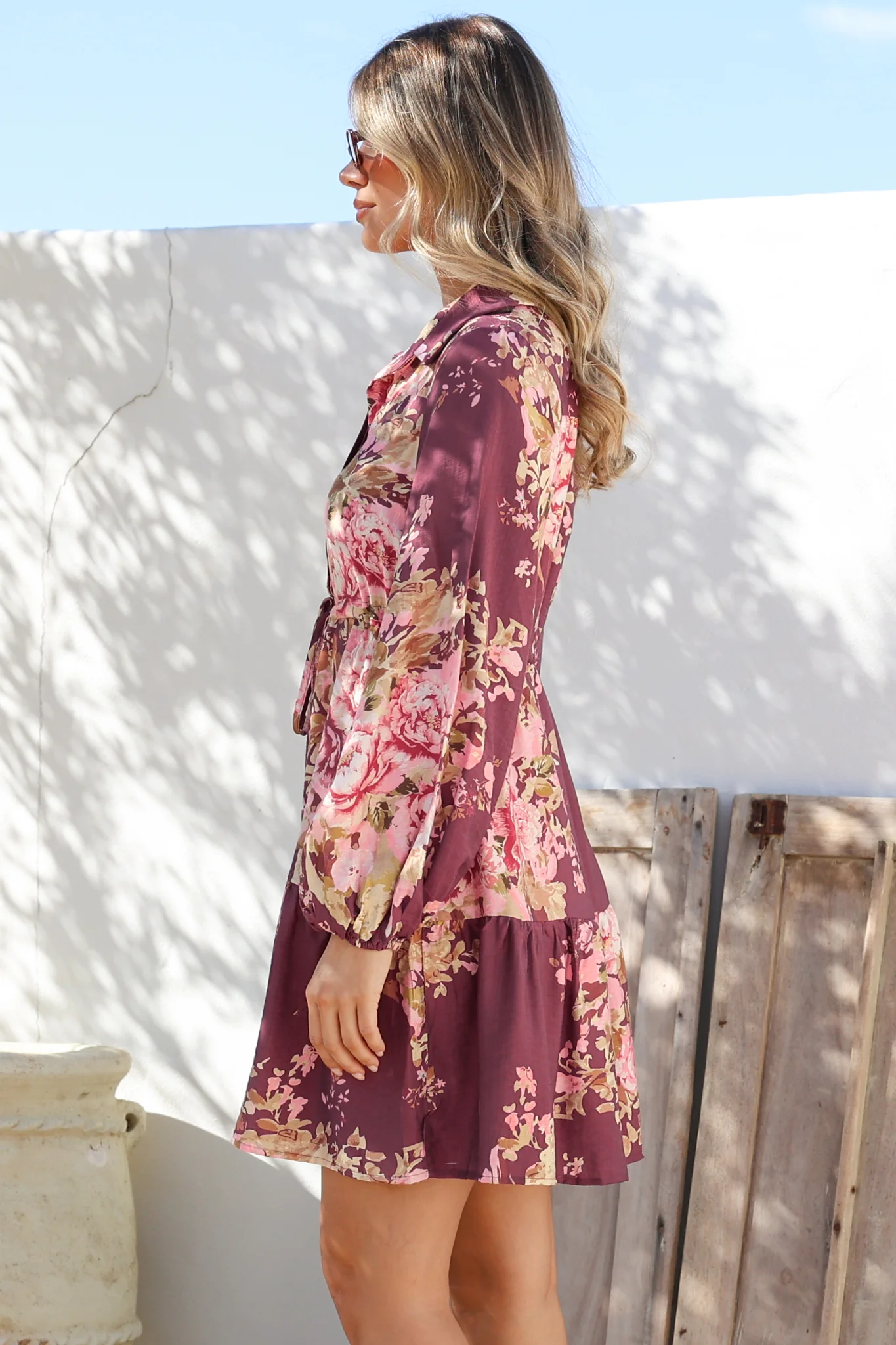 Anora Mini Dress - Collared Long Sleeve Dress with Pull Tie Waist in Vela Print Burgundy - Image 7