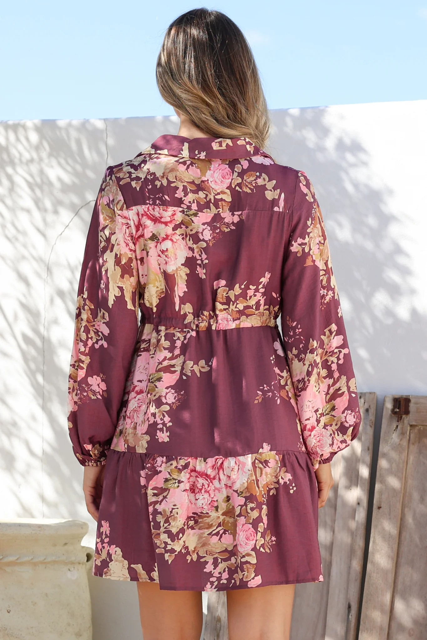 Anora Mini Dress - Collared Long Sleeve Dress with Pull Tie Waist in Vela Print Burgundy - Image 8