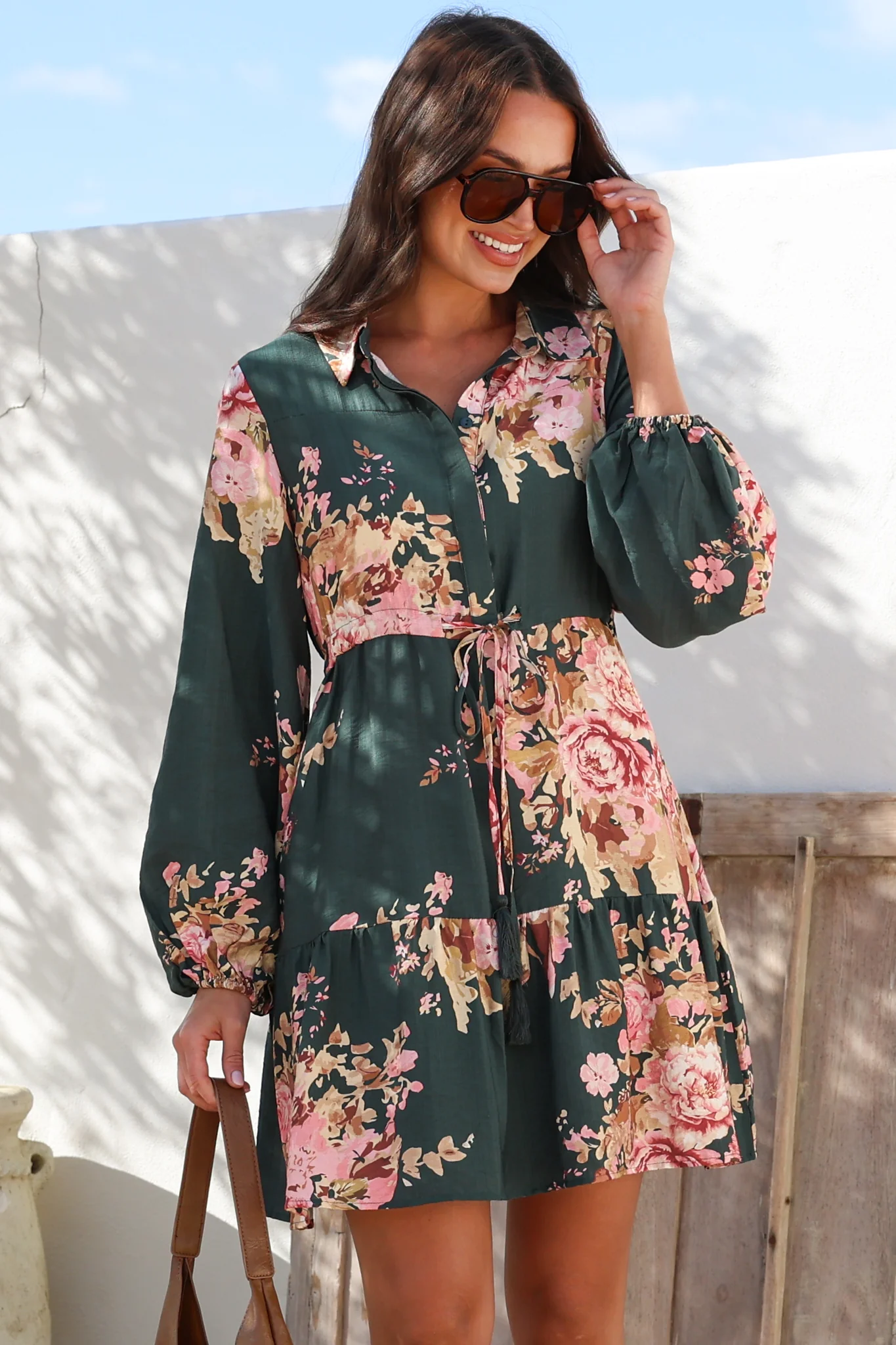Anora Mini Dress - Collared Long Sleeve Dress with Pull Tie Waist in Vela Print Emerald - Image 2