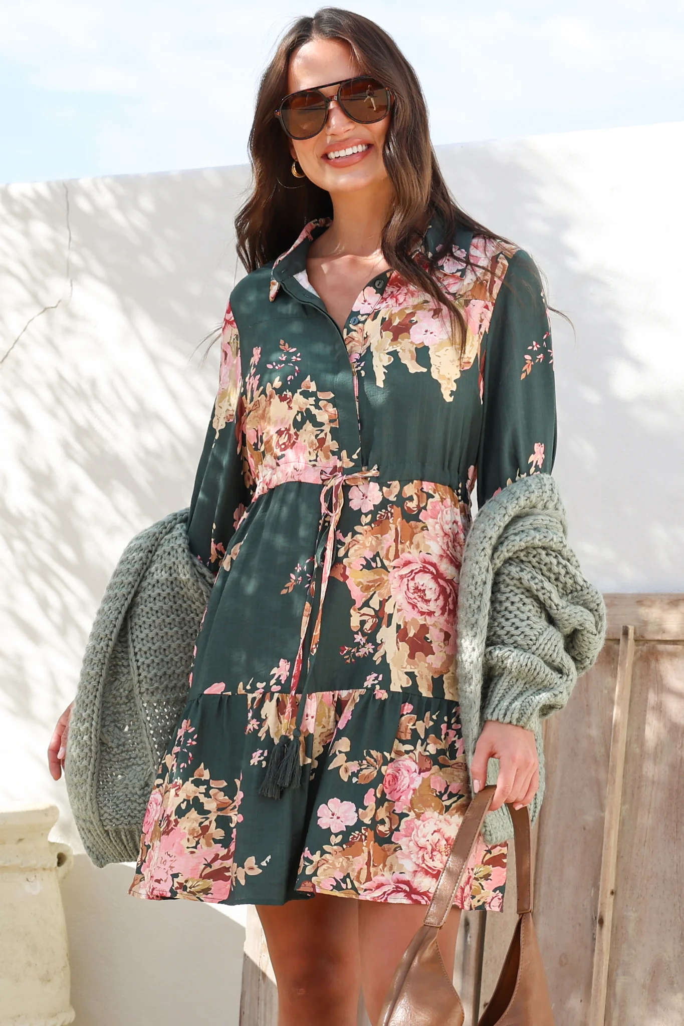 Anora Mini Dress - Collared Long Sleeve Dress with Pull Tie Waist in Vela Print Emerald - Image 3