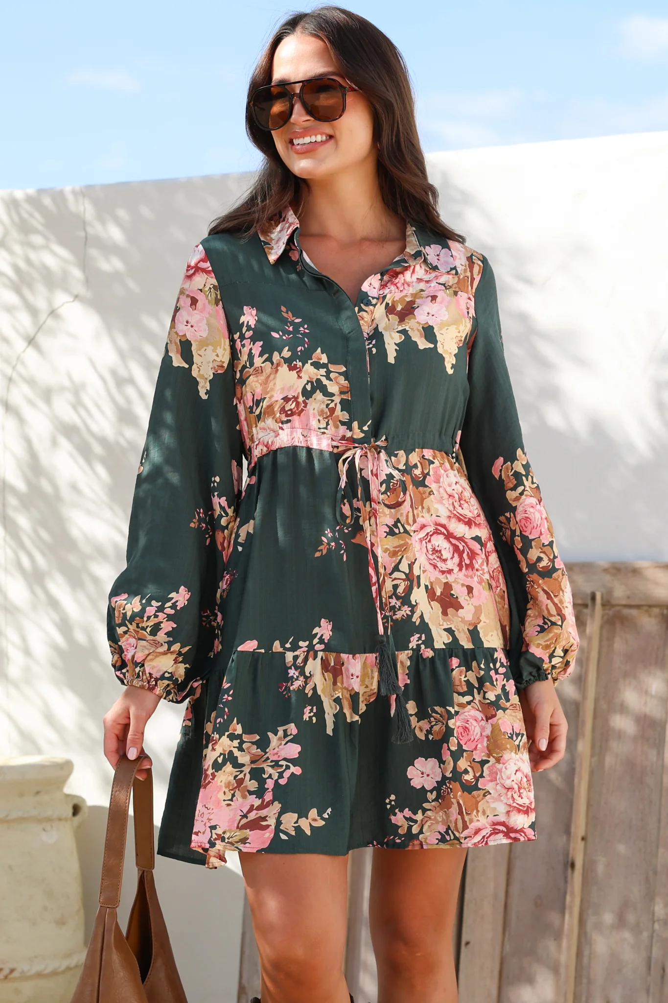 Anora Mini Dress - Collared Long Sleeve Dress with Pull Tie Waist in Vela Print Emerald - Image 4