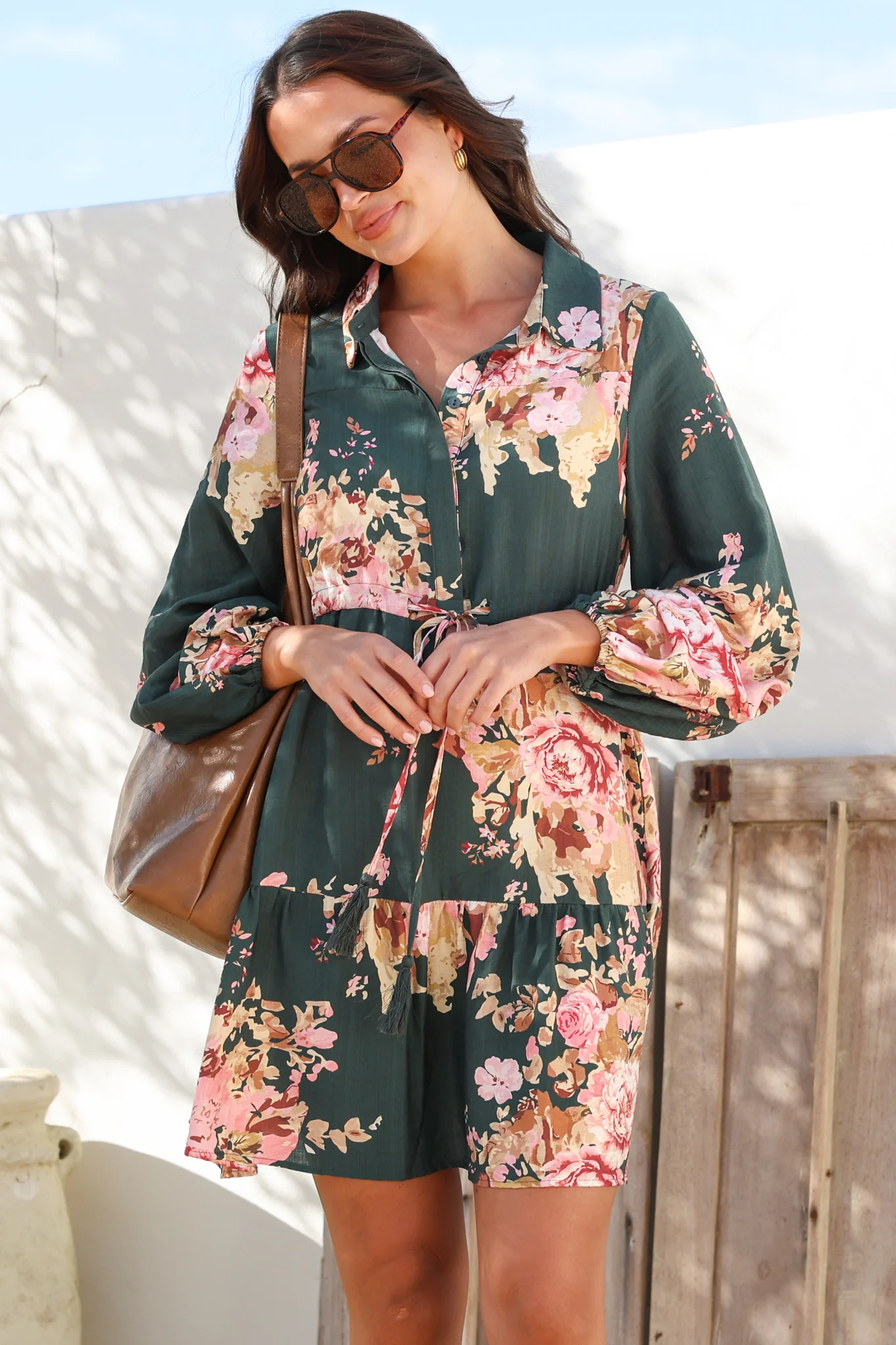 Anora Mini Dress - Collared Long Sleeve Dress with Pull Tie Waist in Vela Print Emerald - Image 5