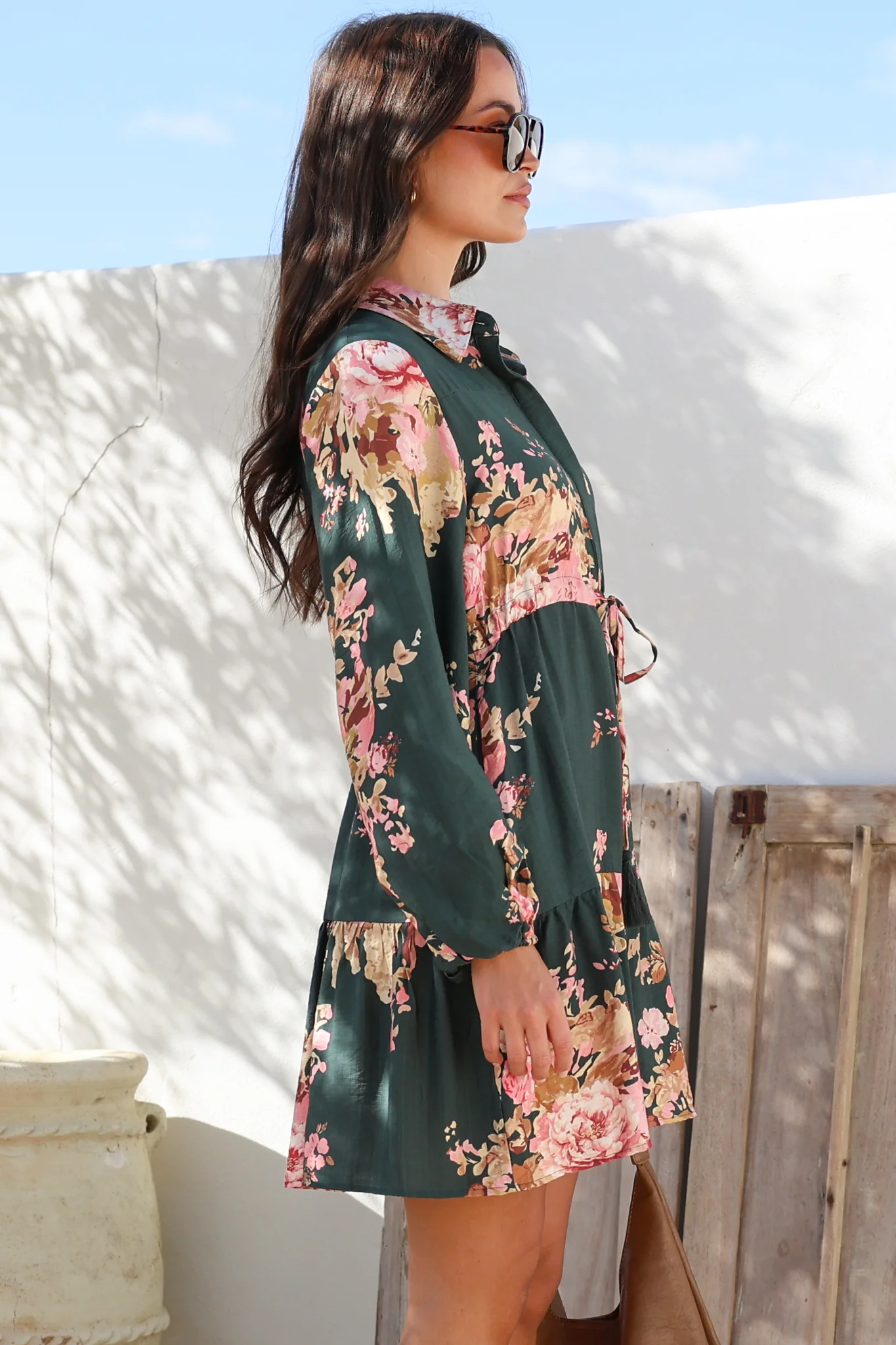 Anora Mini Dress - Collared Long Sleeve Dress with Pull Tie Waist in Vela Print Emerald - Image 6