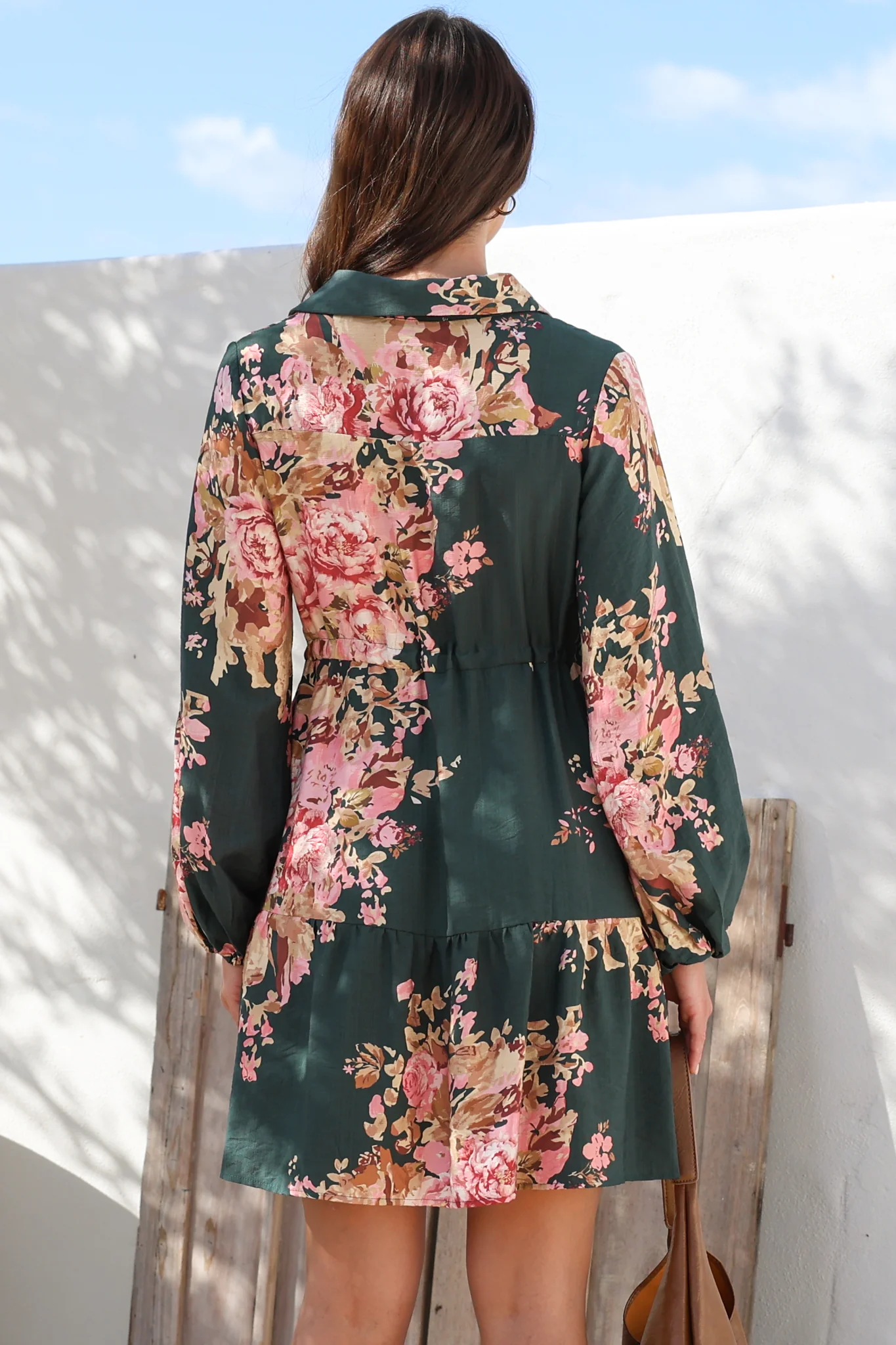 Anora Mini Dress - Collared Long Sleeve Dress with Pull Tie Waist in Vela Print Emerald - Image 7