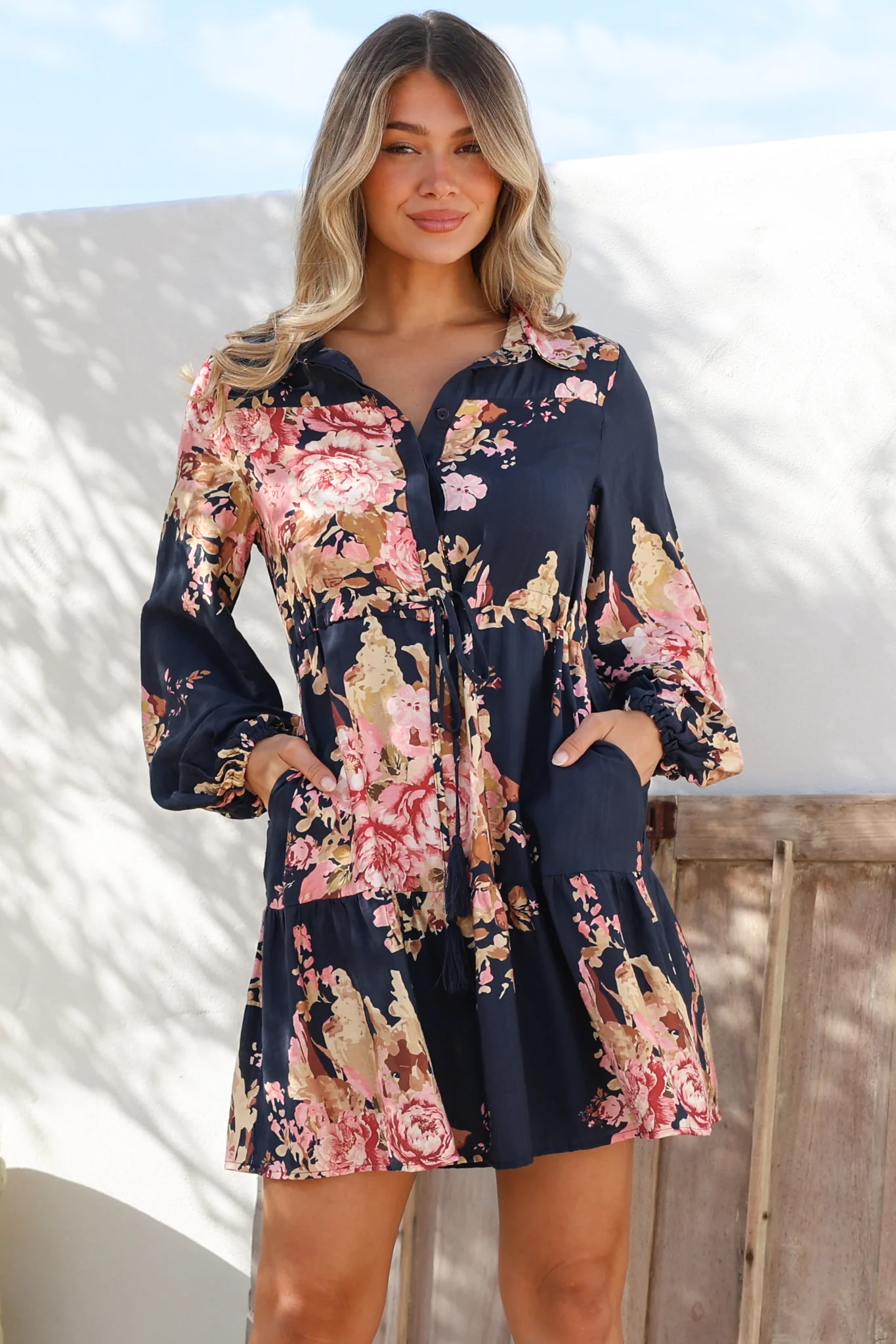 Anora Mini Dress - Collared Long Sleeve Dress with Pull Tie Waist in Vela Print Navy - Image 3