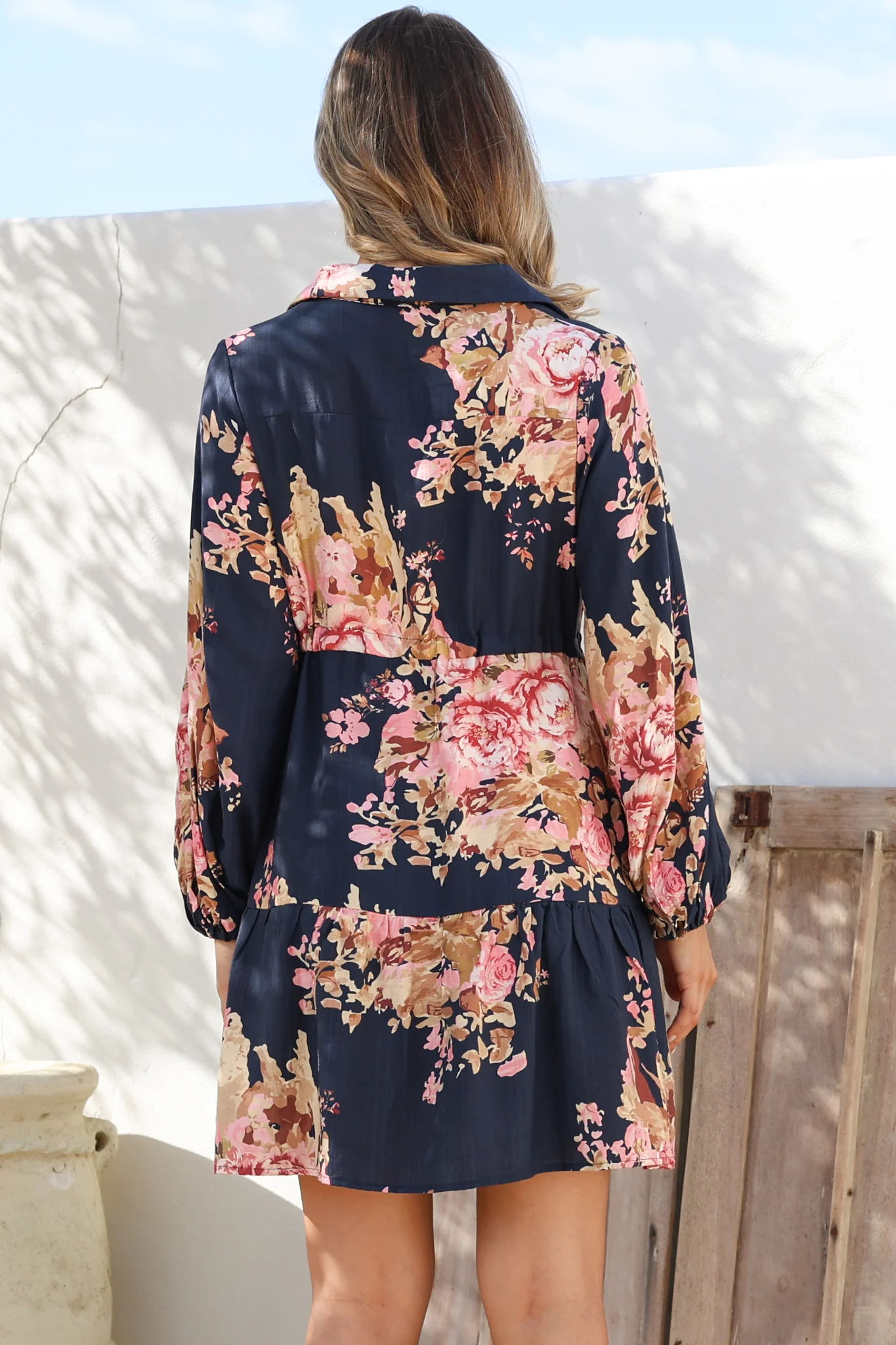 Anora Mini Dress - Collared Long Sleeve Dress with Pull Tie Waist in Vela Print Navy - Image 7