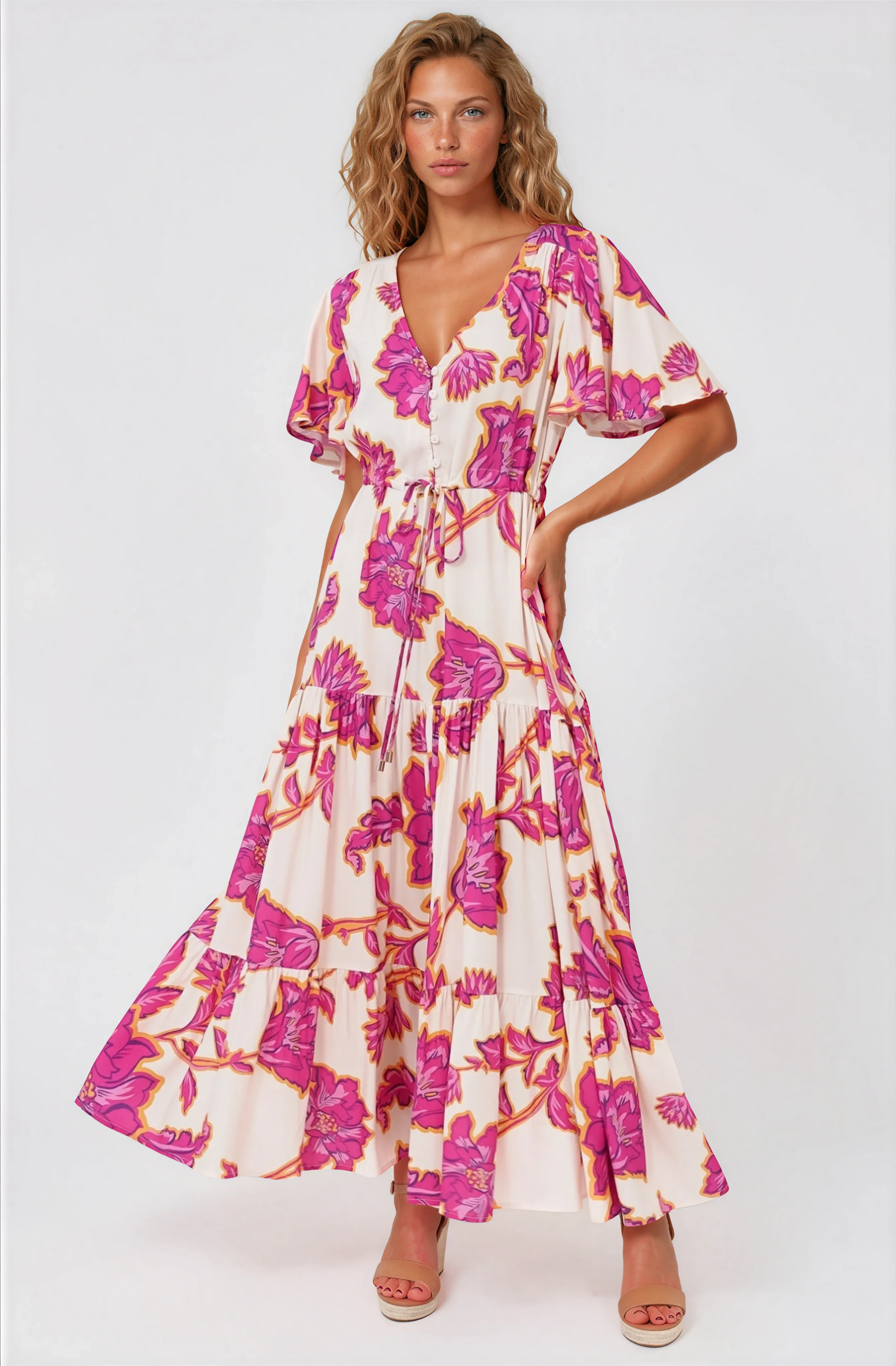 Anya Maxi Dress - Flutter Cap Sleeve Pull Tie Waist Dress in Kalia Print Cream