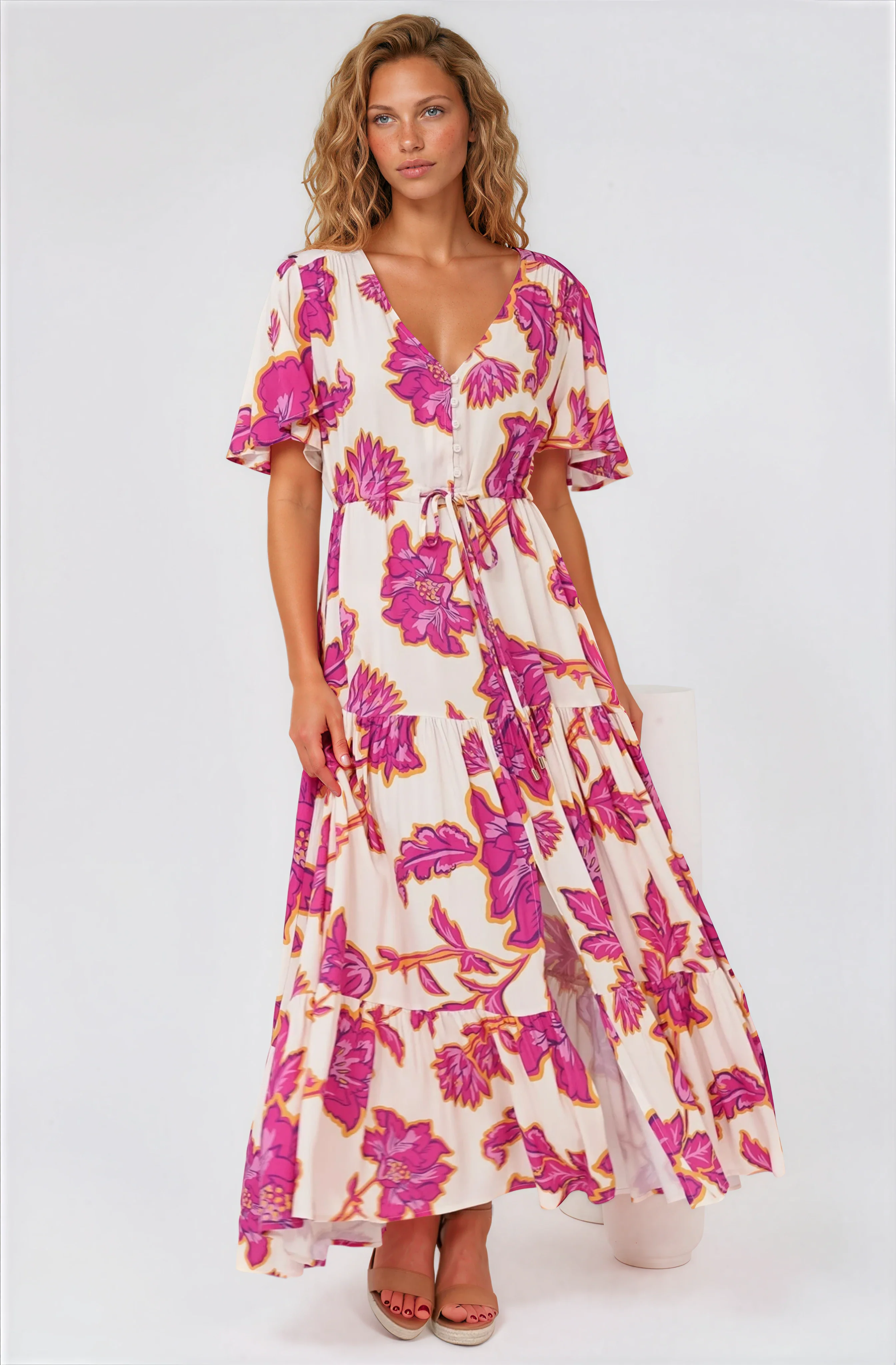 Anya Maxi Dress - Flutter Cap Sleeve Pull Tie Waist Dress in Kalia Print Cream - Image 2