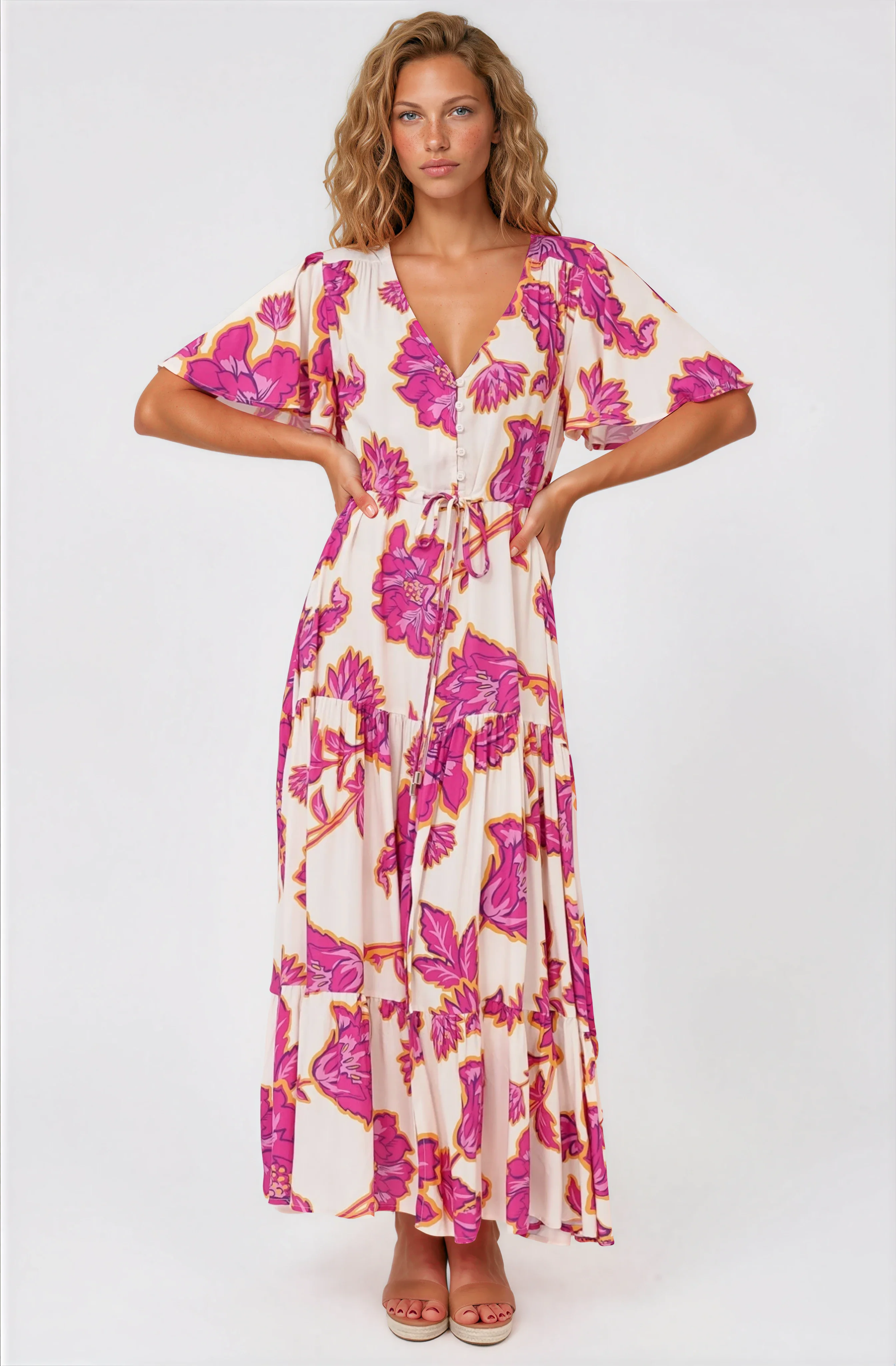Anya Maxi Dress - Flutter Cap Sleeve Pull Tie Waist Dress in Kalia Print Cream - Image 3