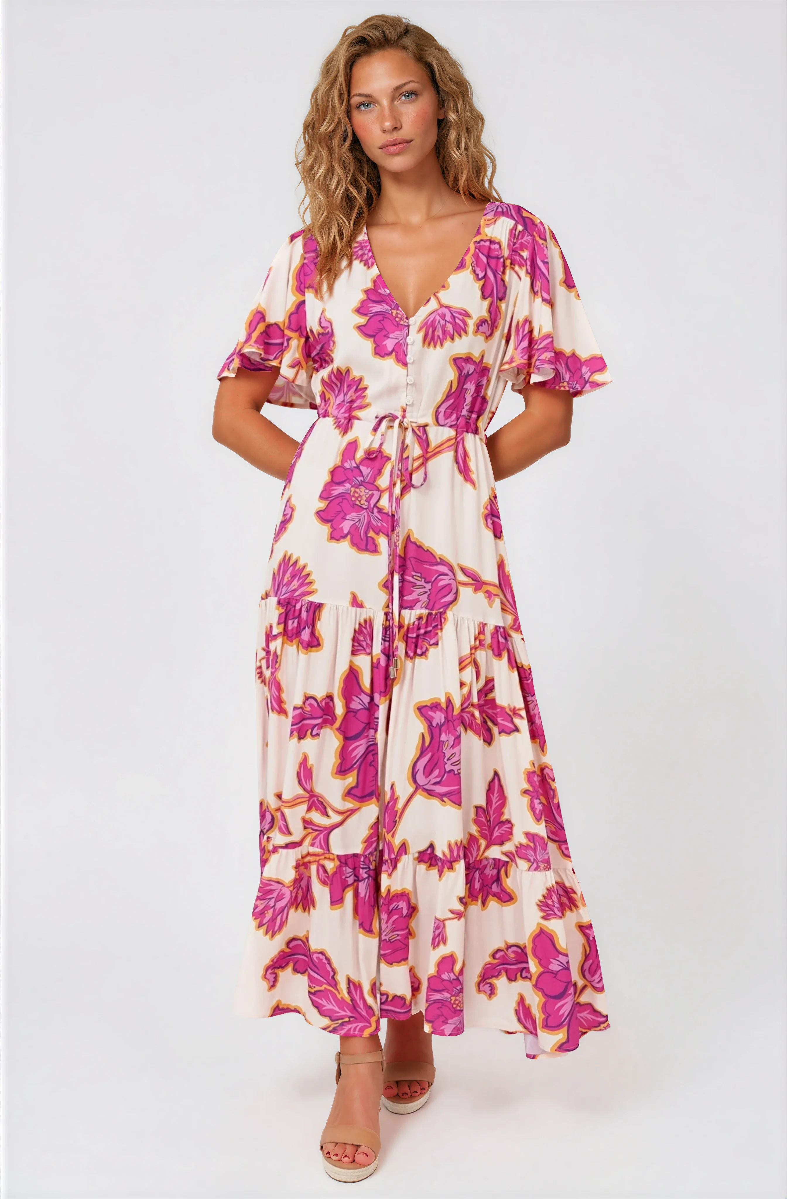Anya Maxi Dress - Flutter Cap Sleeve Pull Tie Waist Dress in Kalia Print Cream - Image 4