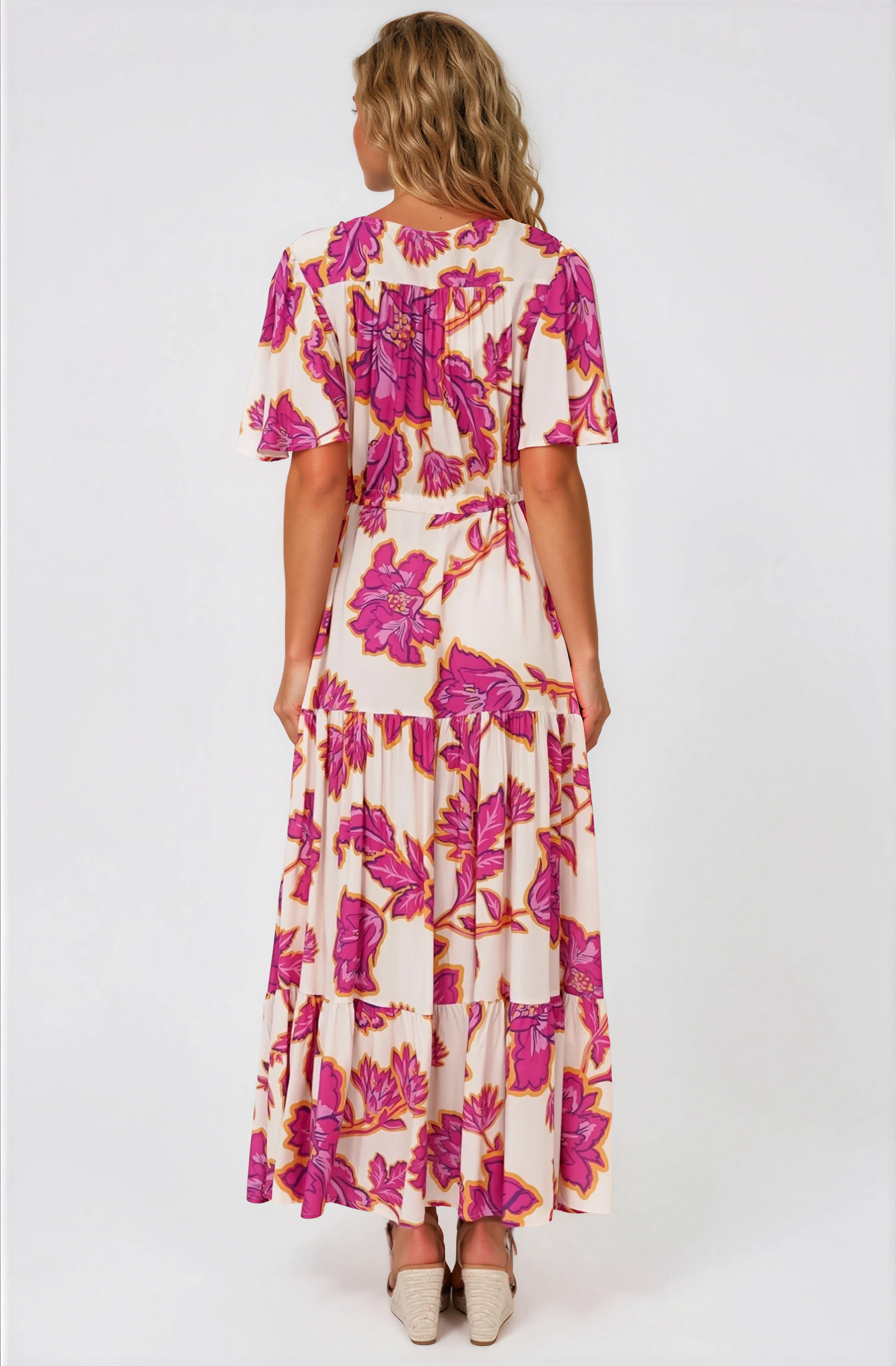 Anya Maxi Dress - Flutter Cap Sleeve Pull Tie Waist Dress in Kalia Print Cream - Image 5