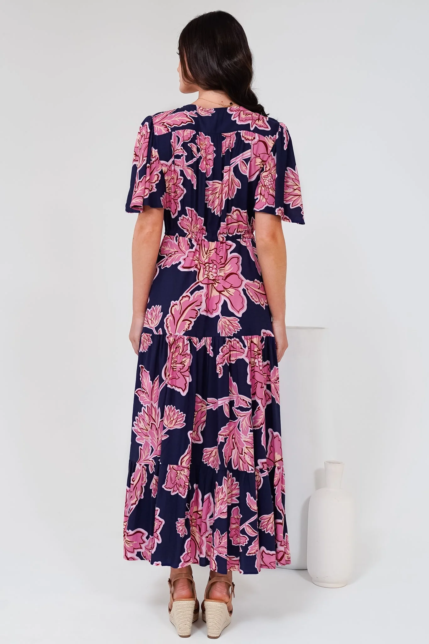 Anya Maxi Dress - Flutter Cap Sleeve Pull Tie Waist Dress in Kalia Print Navy - Image 10
