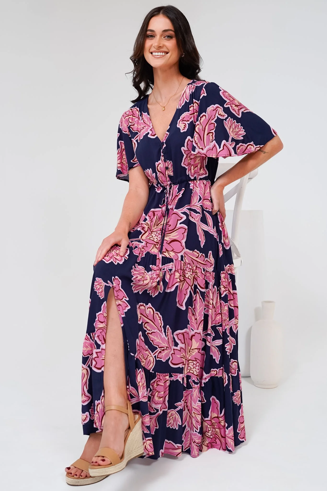 Anya Maxi Dress - Flutter Cap Sleeve Pull Tie Waist Dress in Kalia Print Navy - Image 2