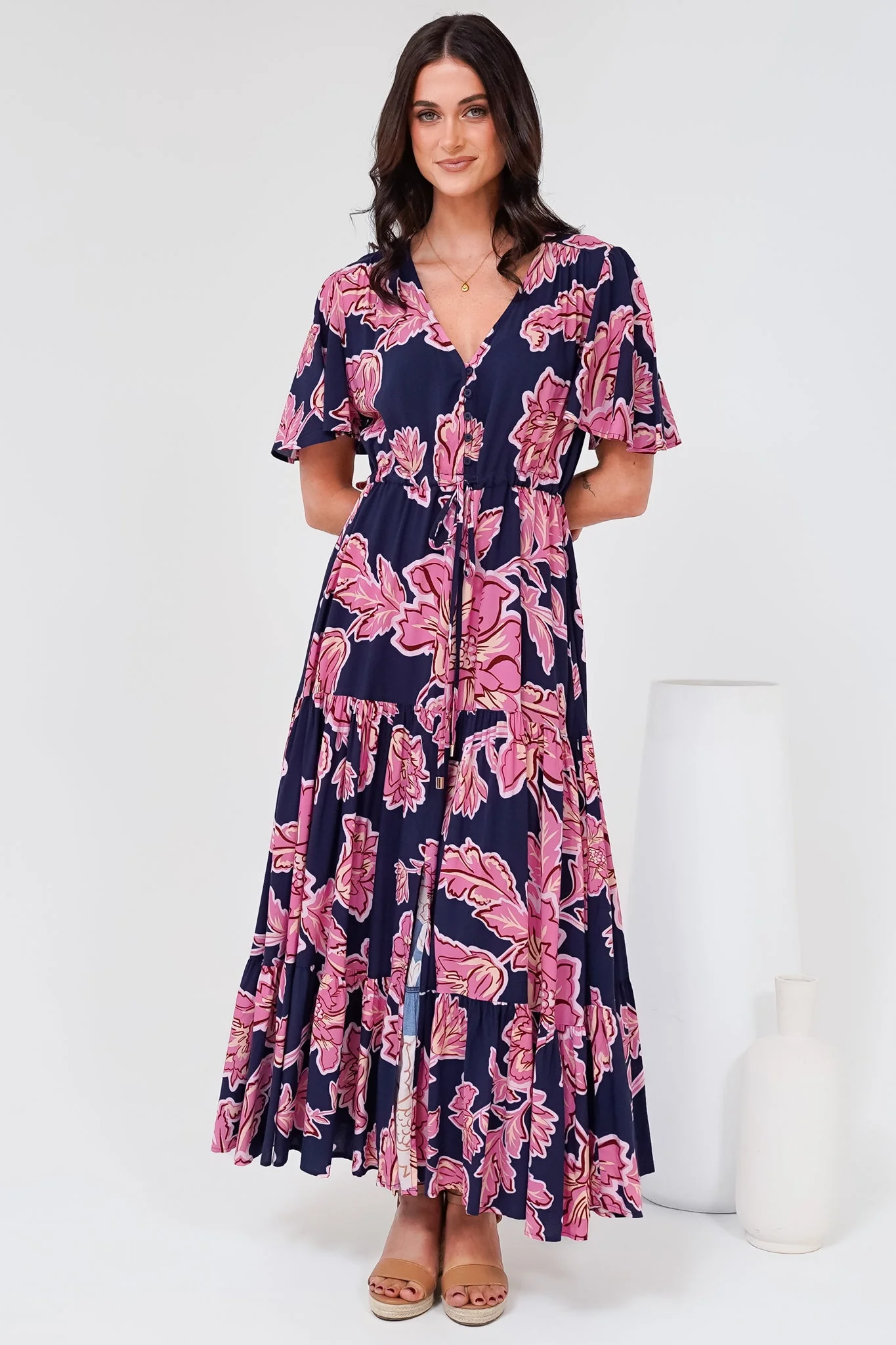 Anya Maxi Dress - Flutter Cap Sleeve Pull Tie Waist Dress in Kalia Print Navy - Image 3