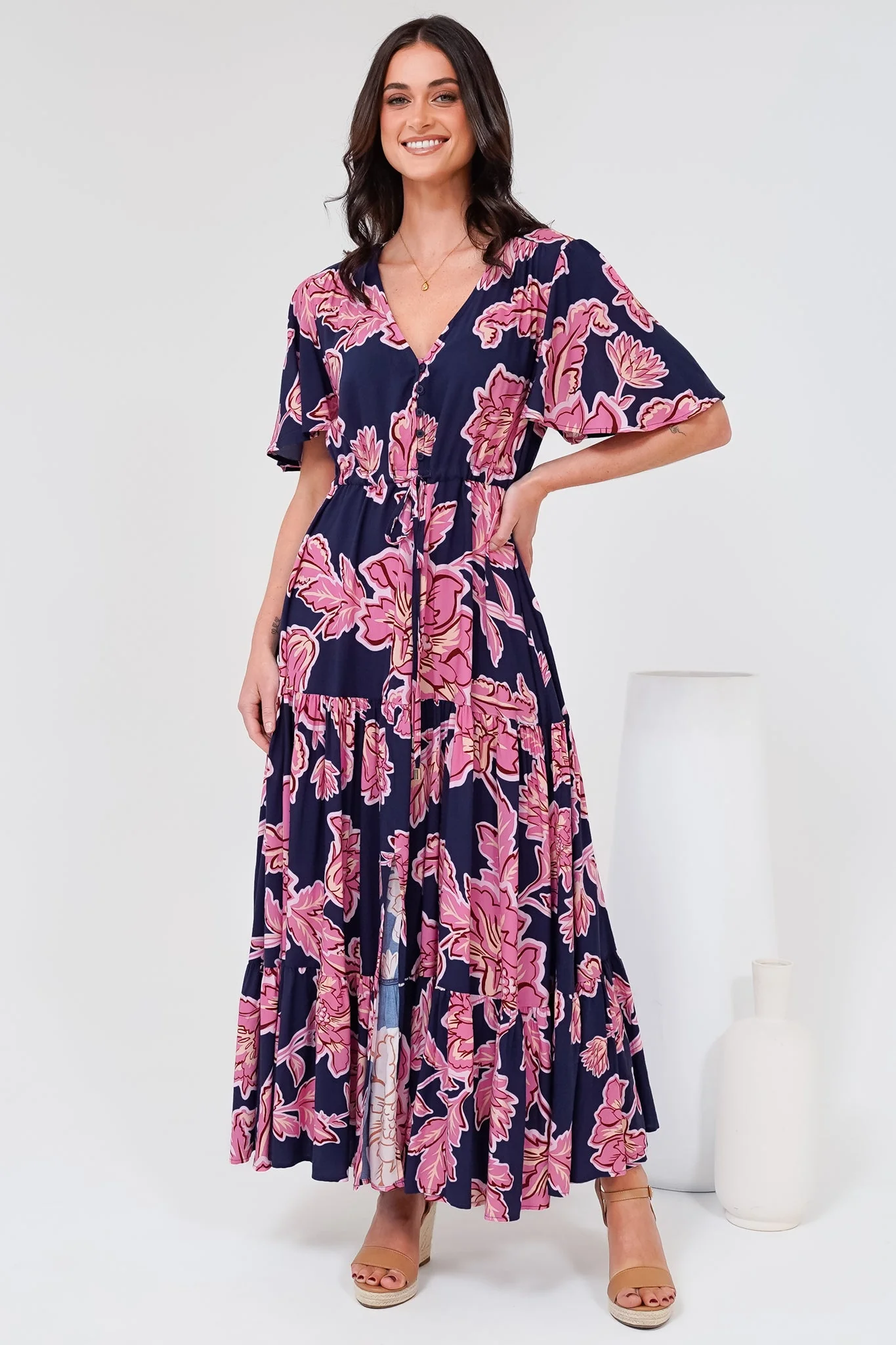 Anya Maxi Dress - Flutter Cap Sleeve Pull Tie Waist Dress in Kalia Print Navy - Image 4