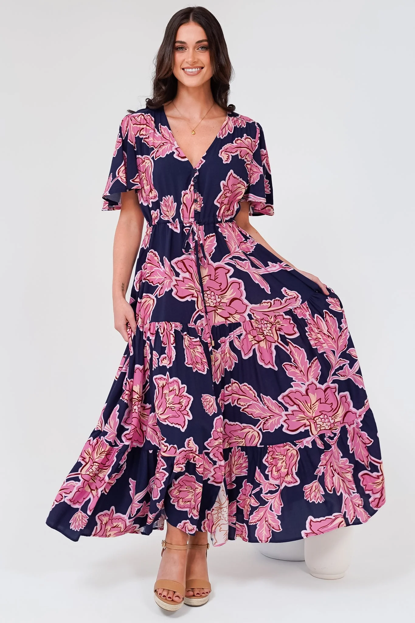 Anya Maxi Dress - Flutter Cap Sleeve Pull Tie Waist Dress in Kalia Print Navy - Image 5