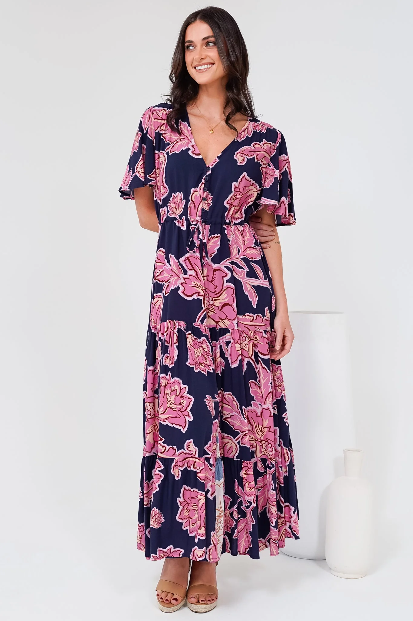 Anya Maxi Dress - Flutter Cap Sleeve Pull Tie Waist Dress in Kalia Print Navy - Image 6