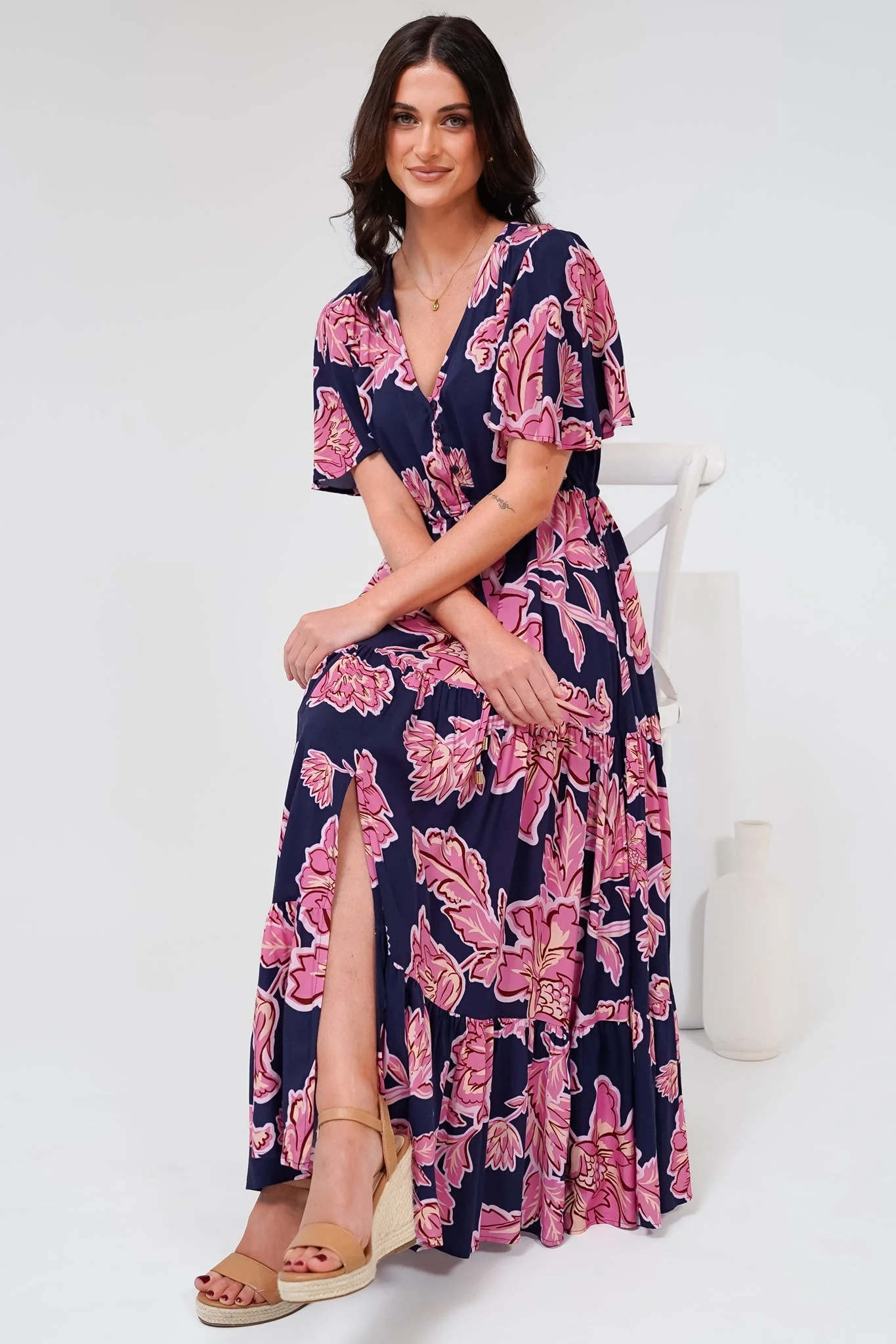 Anya Maxi Dress - Flutter Cap Sleeve Pull Tie Waist Dress in Kalia Print Navy - Image 7