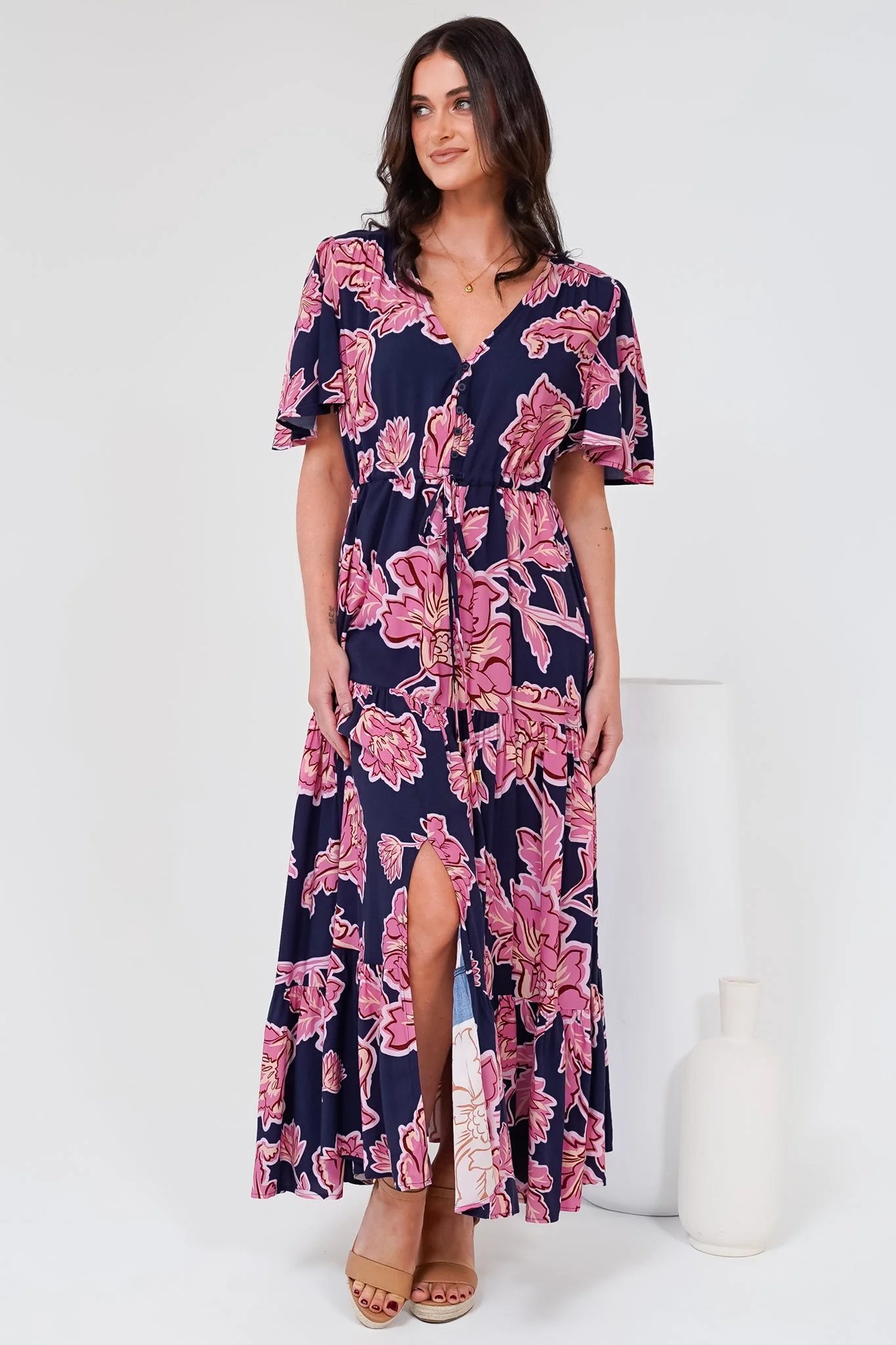 Anya Maxi Dress - Flutter Cap Sleeve Pull Tie Waist Dress in Kalia Print Navy - Image 8