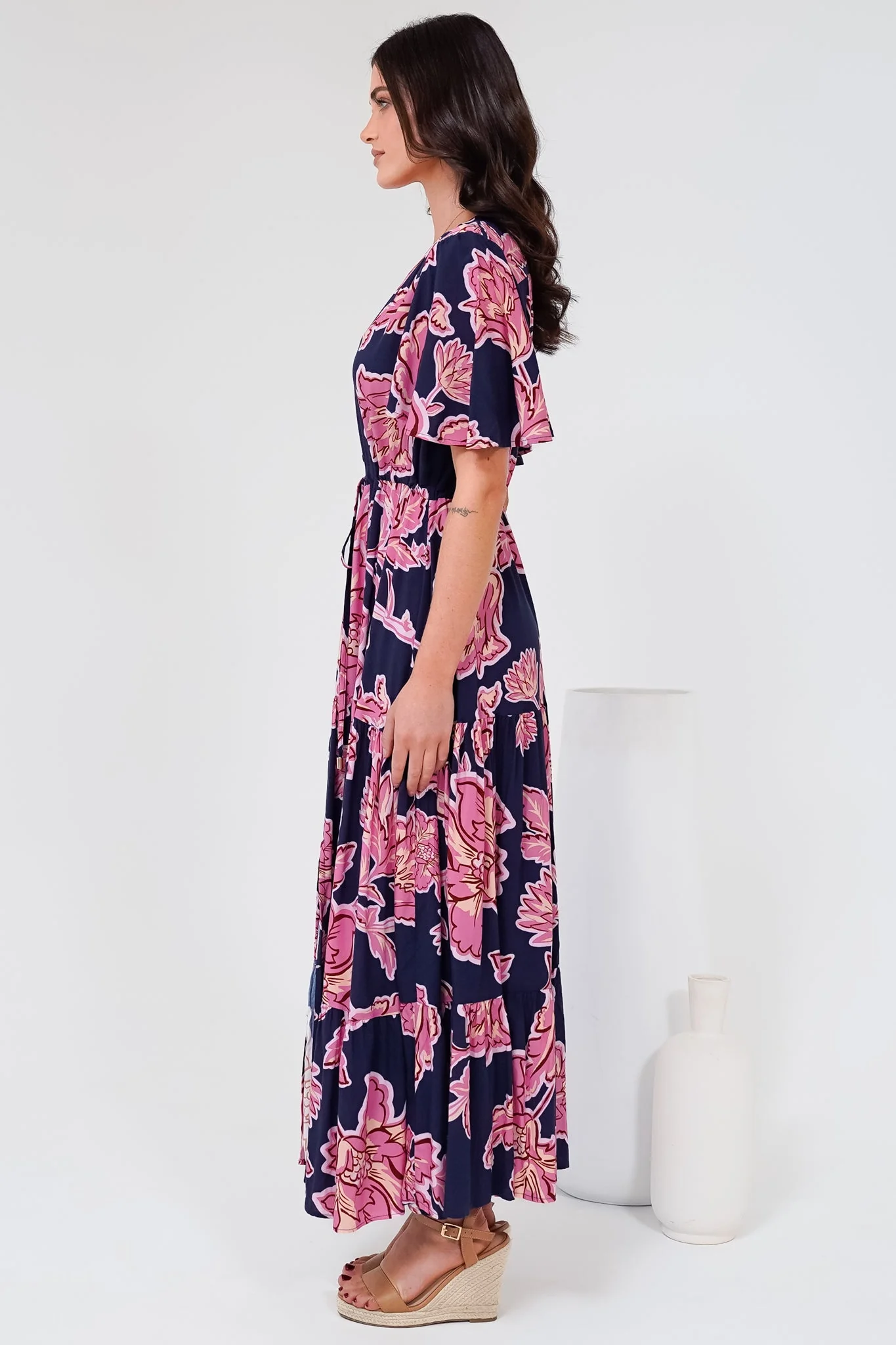 Anya Maxi Dress - Flutter Cap Sleeve Pull Tie Waist Dress in Kalia Print Navy - Image 9