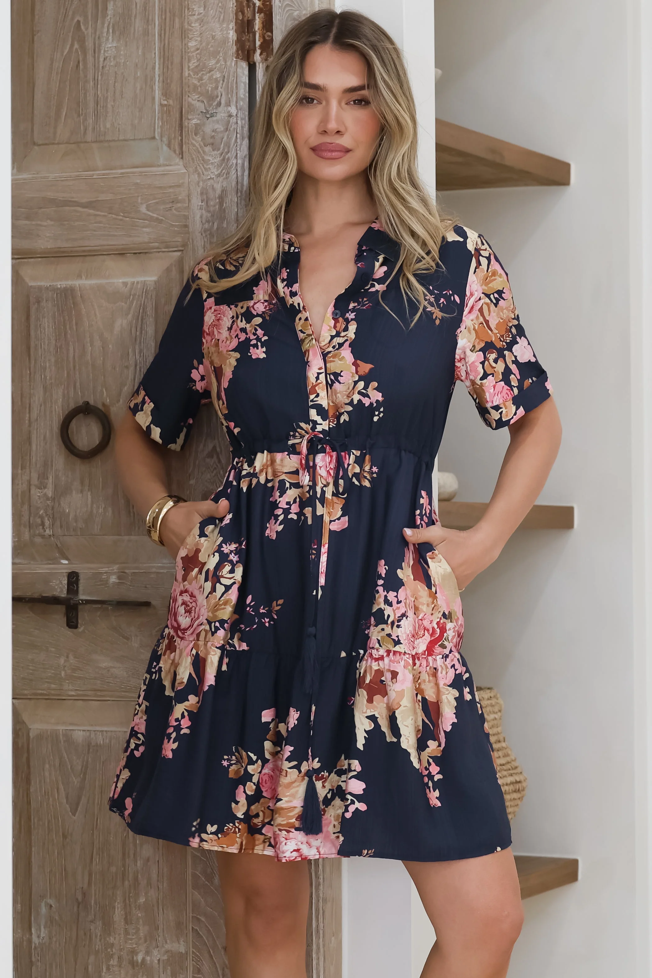 Apryl Mini Dress - Collared Short Sleeve Dress with Pull Tie Waist in Vela Print Navy - Image 2