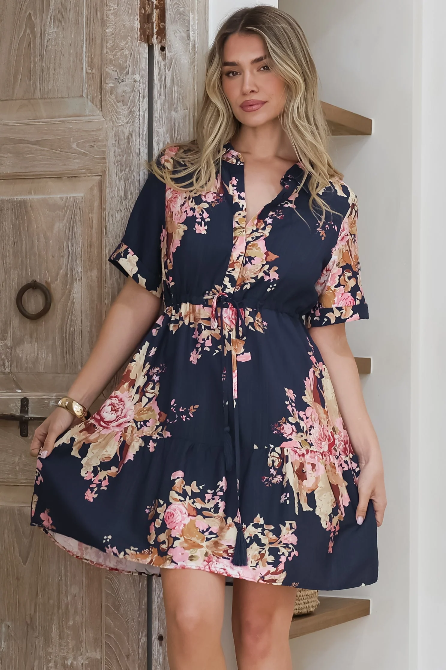 Apryl Mini Dress - Collared Short Sleeve Dress with Pull Tie Waist in Vela Print Navy - Image 3