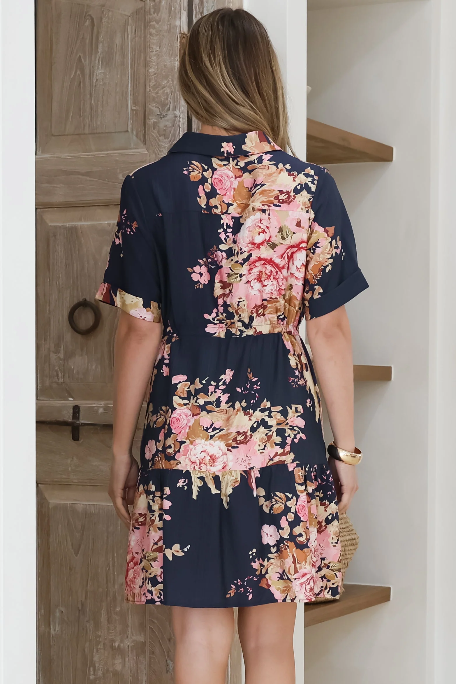 Apryl Mini Dress - Collared Short Sleeve Dress with Pull Tie Waist in Vela Print Navy - Image 8