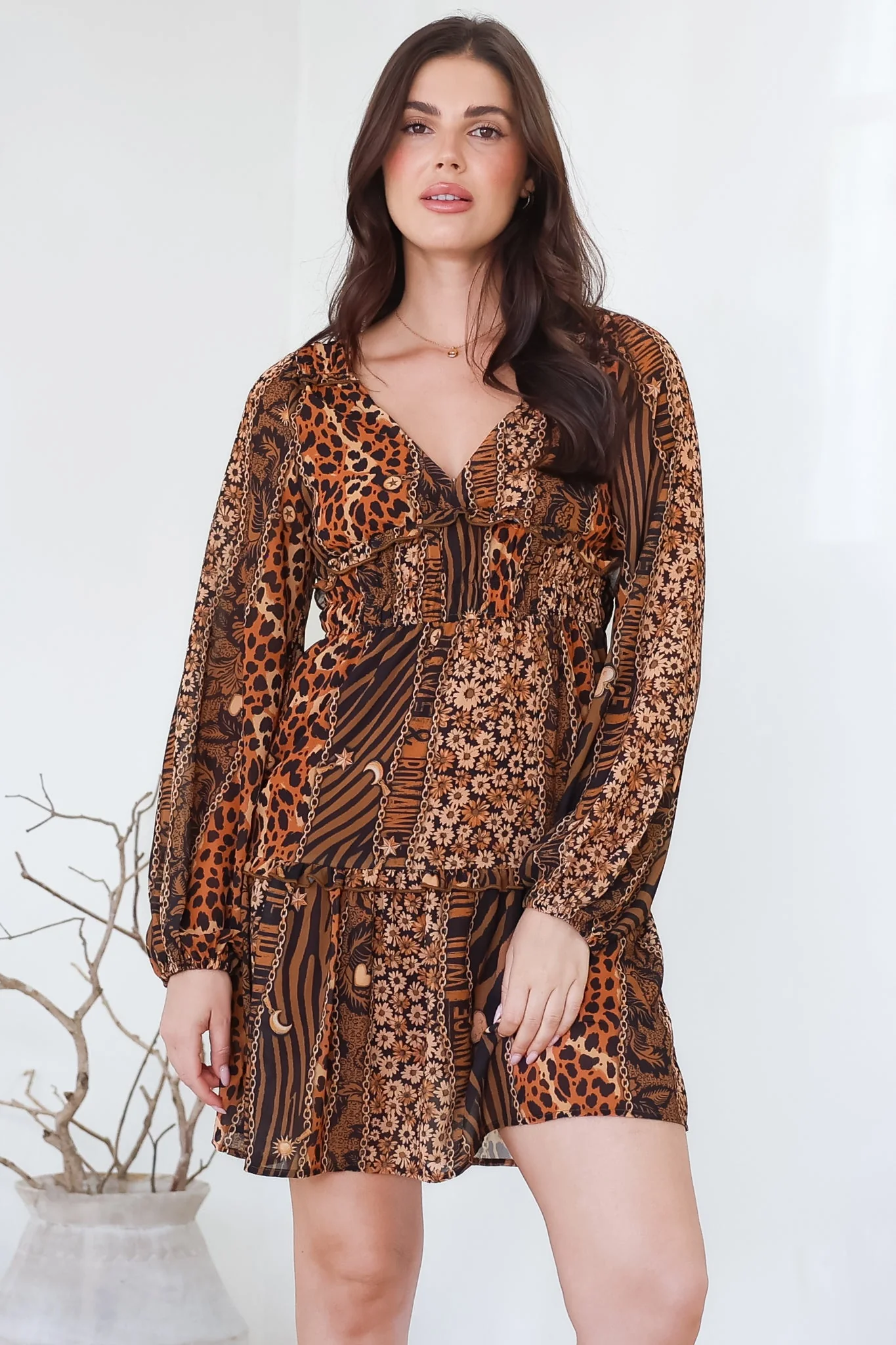 Arcadia Mini Dress - V-Neck Ruffle Splicing Long Sleeve Dress in Riley Print - Image 2