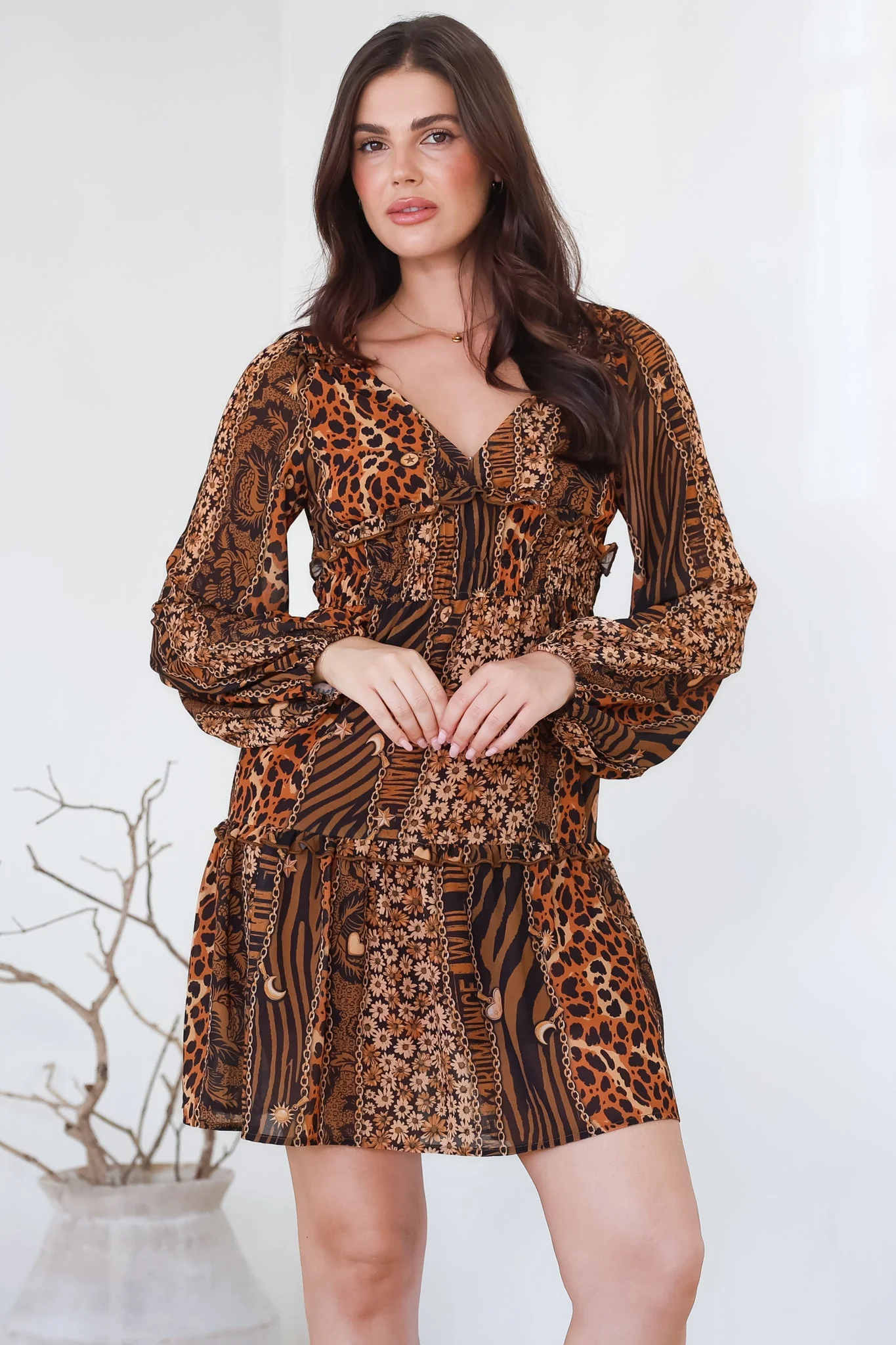 Arcadia Mini Dress - V-Neck Ruffle Splicing Long Sleeve Dress in Riley Print - Image 4
